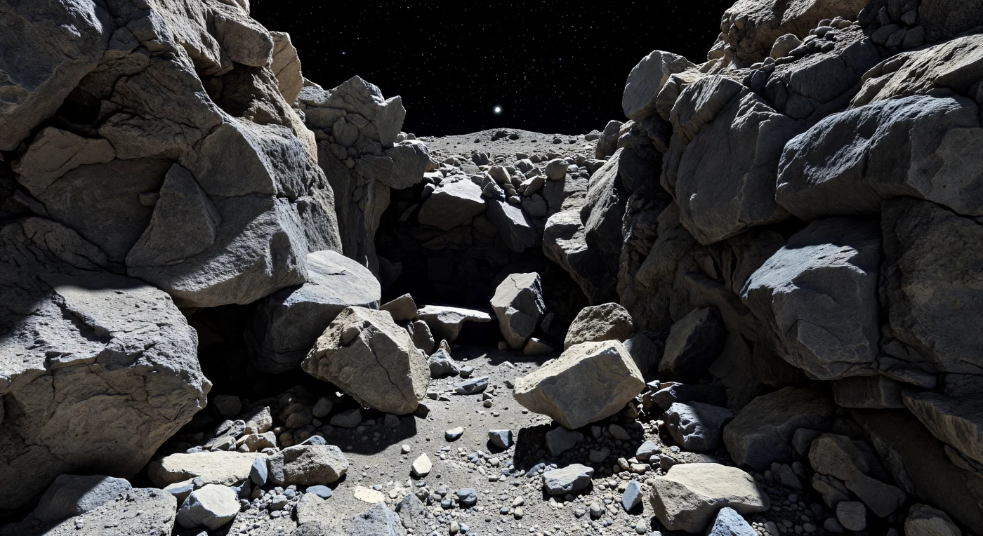 From the floor of this narrow chasm, fractured stone walls crowd in at arm’s length, their angular gray and beige silicate faces rising like cliffs even though they are only a few meters high on this tiny rubble-pile world. Hard white sunlight strikes only the upper rims and a few knife-edged protrusions, while the rest of the cavity falls into almost complete blackness—an effect of airless vacuum, where no atmosphere exists to soften shadows or scatter light into the depths. Underfoot lies a precarious jumble of sharp fragments, pea-sized gravel, dust pockets, and balanced cobbles, all weakly settled in gravity so feeble that fine regolith can drift into sheltered lows and boulders can remain improbably perched above hidden voids. Through the thin slit overhead, a black sky studded with pinpoint stars and hints of nearby boulder-strewn uplands reveal a landscape built from ordinary-chondrite rock, shattered, space-weathered, and assembled into an eerie miniature wilderness.