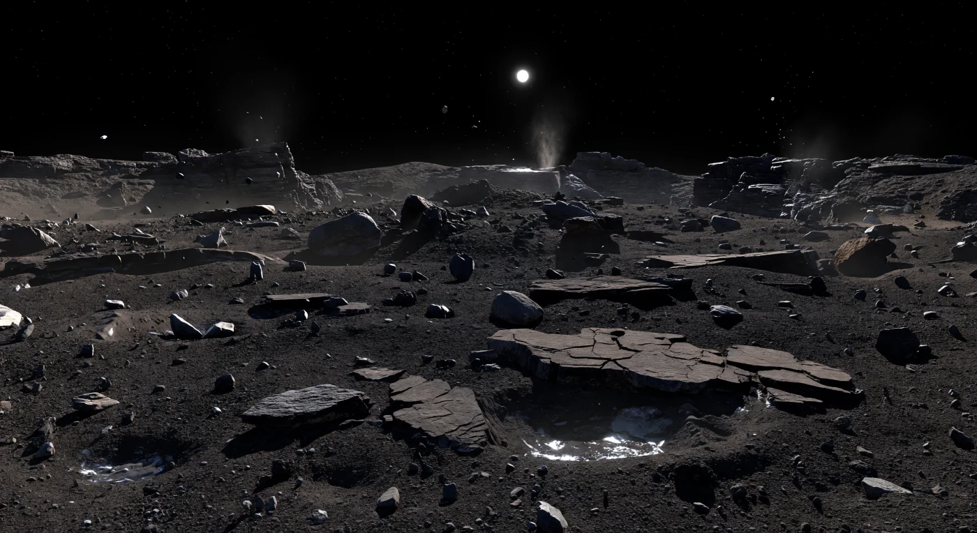 At ground level, the rubble plain looks like a frozen spill of shattered crust: jagged dark plates, coarse black-brown regolith, and scattered angular clasts lying across an uneven surface so lightless it seems to drink in the Sun. The material is a fragile, porous mixture of dust, organics, and hidden volatiles, with occasional pale flecks of dirty water ice glinting from shadowed cracks where sublimation has briefly exposed fresher layers beneath the refractory crust. In the hard vacuum, sunlight falls with brutal clarity—every pebble throws a knife-edged shadow, the sky remains perfectly black, and the nearby curved horizon rises quickly into broken outcrops and distant cliffs, making the tiny scale and feeble gravity of this cometary world unmistakable. Here and there, faint particles drift above the plain and, far off, narrow dusty jets may rise from fractured terrain, reminders that this stark landscape is not truly inert but slowly reshaped as buried ice turns directly to gas.