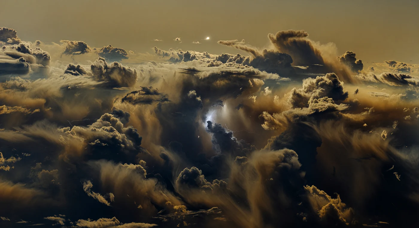 You are suspended in a vast storm labyrinth with no ground, no horizon, and no open sky—only colossal walls of bronze and sepia cloud plunging into charcoal depths while amber haze chokes the view in every direction. A sudden blue-white lightning flash exposes the true structure of this place: immense convective towers of water cloud, curtains of condensed droplets, slanting precipitation, and collapsing downdraft chasms sculpted by violent winds into forms like atmospheric canyons hundreds of kilometers across. These are not landforms but deep layers of a hydrogen-helium giant, where ammonium hydrosulfide-stained hazes merge into darker, warmer water-cloud regions and rapid convection continuously builds, shears, and shreds the storm architecture. Under the faintest diffuse sunlight from far beyond, the scene feels both crushingly enclosed and immeasurably vast, an alien weather world where the planet’s “landscape” is nothing but fluid, darkness, and lightning.