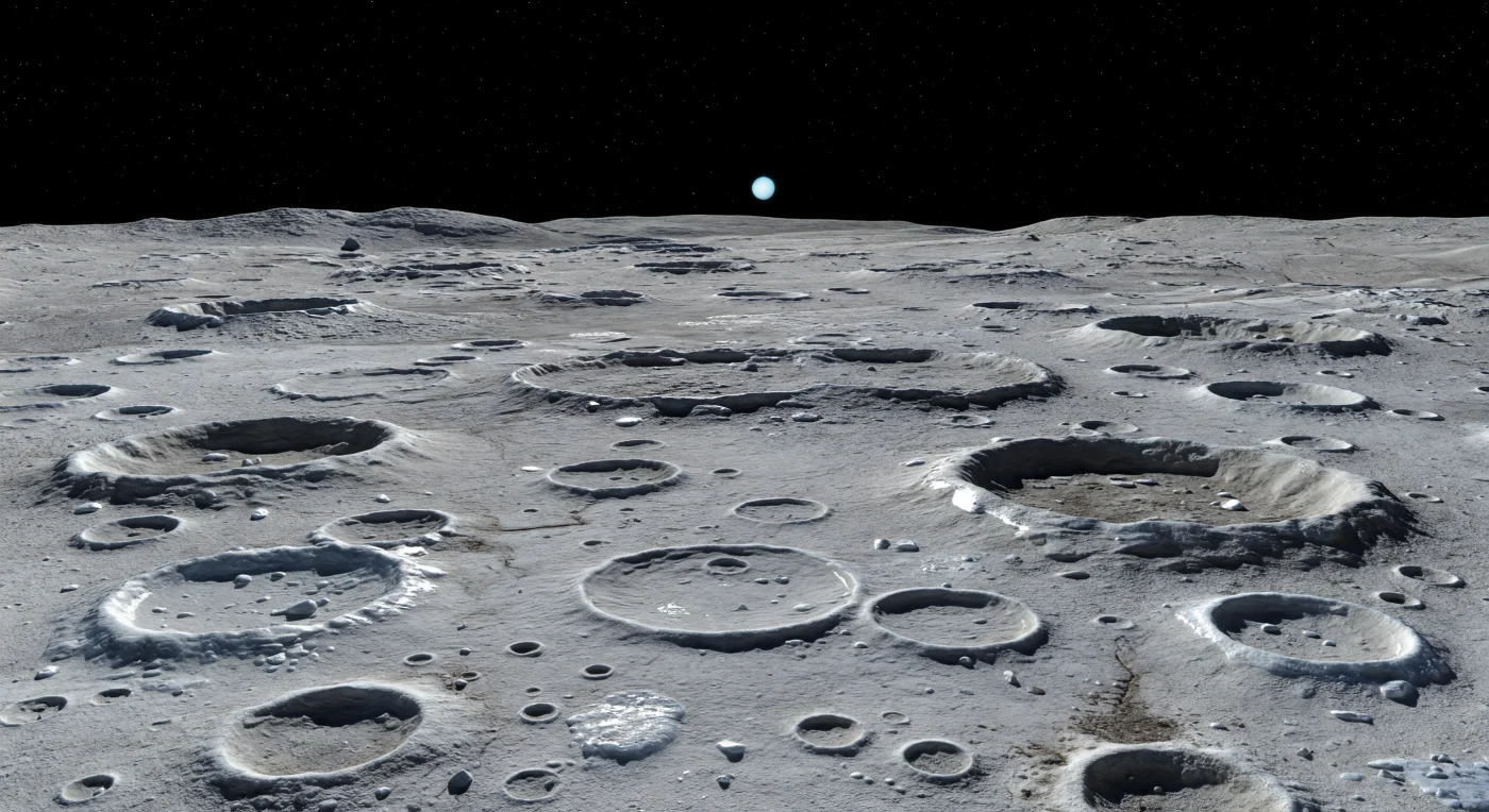 A frozen upland plain of ancient impact scars stretches away in every direction, so densely cratered that old basins overlap and merge into a single battered landscape of softened rims, shallow bowls, and low hummocky ejecta draped in fine gray regolith. Underfoot, the crust is a cryogenic mix of hard water-ice bedrock and darker rocky, carbon-rich material, with scattered angular ice fragments and occasional brighter frost along rim crests catching faint bluish-white glints in the weak, distant sunlight. The airless sky is perfectly black even in daytime, pricked with stars beyond the glare of a tiny but fierce Sun, while the close, subtly curved horizon reveals the small scale of this world and hints of distant scarps and extensional fractures record an icy shell once pulled apart. Everything is silent, dry, and motionless, preserved by deep cold and negligible erosion so that impacts from the early Solar System still dominate the scene with stark, crisp shadows and extraordinary geological age.