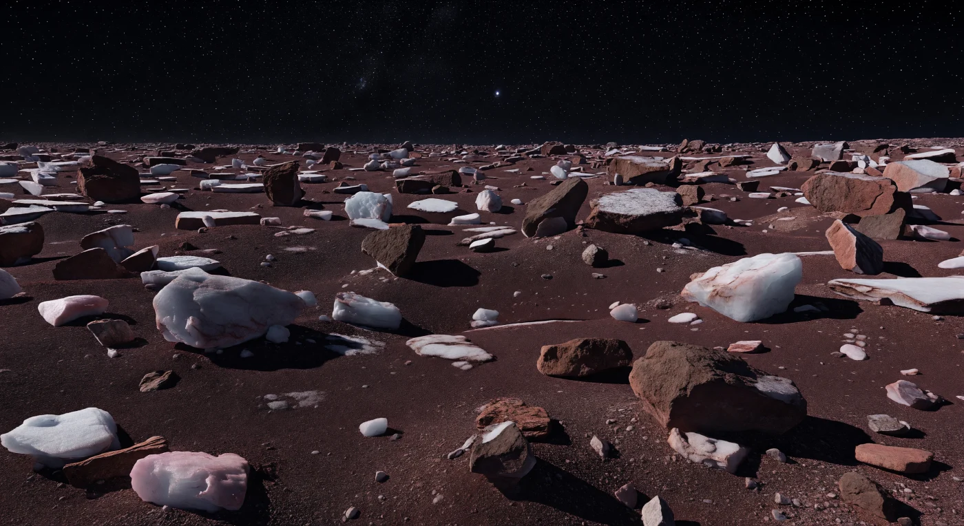 Across this ancient ejecta plain, towering angular blocks of water ice and ice-cemented rock lie scattered like the shattered remains of a primordial collision, their sharp edges and precarious balances preserved by weak gravity and the absence of air, wind, or flowing liquid. The ground between them is a granular carpet of dark maroon, rust, and reddish-brown tholin-rich regolith, subtly hummocky with old ridges and shallow hollows, while sunward faces of many boulders are dusted with pale methane and ethane frost that glints faintly in the distant sunlight. In the black vacuum overhead, stars and the Milky Way remain visible even by day, and the Sun itself is only a brilliant point, casting razor-thin shadows that deepen the stark contrast between white frost, fresh ice, and radiation-darkened surfaces. At roughly 40 kelvin, this landscape is a deep-frozen archive of impact debris and surface chemistry, a silent, otherworldly field that seems almost unchanged for billions of years.