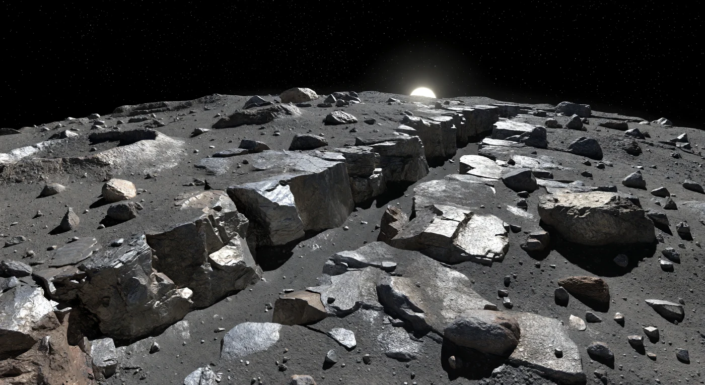An ancient fracture trough cuts like a black blade through the old, crater-pocked metallic ground, its parallel scarps exposing broken faces of iron-nickel-rich bedrock in angular slabs and inward-tilted blocks. Along the smoother floor, dark regolith fines and metallic dust have collected in shallow pockets between scattered boulders of mixed metal and silicate breccia, recording both tectonic-style breaking and relentless impact reworking on a world with extremely weak gravity. The low Sun, smaller than seen from Earth, throws hard white light across dull steel-gray terrain and turns every ledge, pebble, and meter-high mound into a study in razor-edged shadow, while the horizon curves away startlingly close under a star-filled black sky. Standing here, you would feel the vacuum’s uncanny clarity and the intimate scale of a small body whose surface is neither ordinary rock nor pure metal, but a battered, alien blend of both.