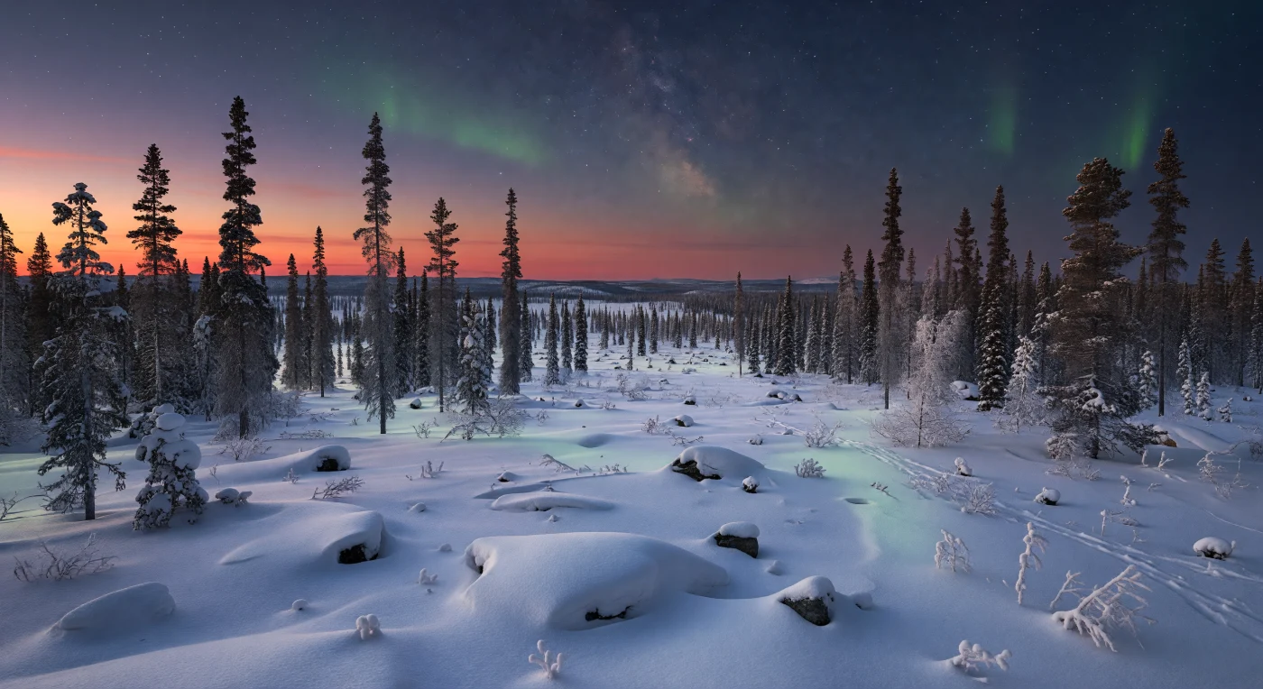At ground level in this winter boreal forest, tall spruce and pine rise as black, sharply etched silhouettes from a bright snowfield, their snow-laden branches standing over a gently rolling plain of glacially shaped drifts, frost-crusted shrubs, and occasional dark granitic and metamorphic stones breaking through the surface. The sky records the physics of deep twilight in layers: a warm orange-red band of sunlight scattered through the thick lower atmosphere along the western horizon fades upward through violet into dark blue, where the first stars and a faint wash of the Milky Way emerge. To the north, Earth’s magnetic field is revealing itself as soft green auroral arcs and delicate vertical curtains, produced when charged particles from space excite oxygen high in the upper atmosphere, casting a subtle emerald sheen across the snow and the edges of tree trunks. In the still, subfreezing air, with ice crystals suspended almost invisibly and the endless tree line dissolving into atmospheric haze, the forest feels immense, silent, and uncannily alive beneath two kinds of light: the last glow of the Sun and the first whisper of the aurora.