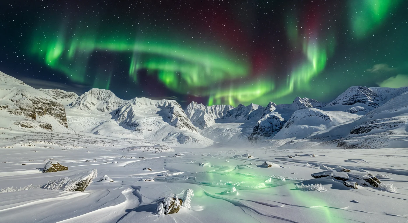 From the floor of a high-latitude alpine valley, jagged snow-loaded peaks rise in dark tiers beneath a sky alive with auroral curtains, their vivid green glow produced as charged particles guided by the planet’s magnetic field excite oxygen atoms high in the atmosphere to emit light at 557.7 nanometers, with faint crimson fringes marking rarer oxygen emission near 630 nanometers at greater altitudes. The aurora becomes the landscape’s primary illumination, washing snowfields, glacier ice, and corniced ridgelines in a pale green light that reveals arêtes, cirques, avalanche chutes, and frost-rimmed rock faces, while blue-toned shadows linger in the hollows and among wind-sculpted sastrugi. Through thinner folds of the luminous veil, stars remain visible in the dry, crystal-clear night air, emphasizing that these shimmering structures are not clouds but vast, semi-transparent displays unfolding far above the mountains. Standing here, surrounded by hoarfrosted boulders and the immense silence of winter stone and ice, the scene feels both intimately terrestrial and astonishingly alien in scale.