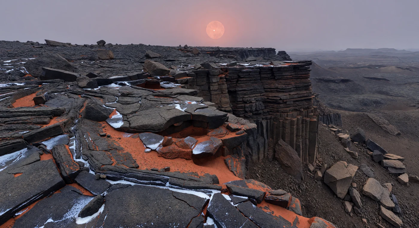 You stand on a dark volcanic tableland where charcoal-black basalt has cooled into fractured plates and pressure ridges, their rough vesicular surfaces dusted with reddish iron oxides and stitched by pale frost lodged in contraction cracks. Ahead, the plateau breaks abruptly into a scarp hundreds of meters high, revealing stacked flood-basalt layers, columnar joints, and boulder-strewn talus that descend toward immense cold plains marked by low shieldlike rises and distant cratered hollows. The subdued orange-red light of the nearby dwarf star, filtered through a substantial nitrogen-rich atmosphere, turns the sky a muted lavender gray and casts soft shadows that flatten nothing so much as emphasize the world’s immense, heavy stillness. In this thin haze and long-range clarity, every ledge and fallen block hints at a geologically powerful past of extensive volcanism, later fractured by cooling, uplift, and cold-trapping frost in sheltered stone.