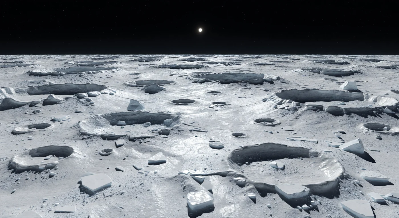 Under a pure black, airless sky, an immense wilderness of brilliant white to pale gray ice stretches in every direction, its surface crowded with overlapping craters, jagged ejecta ridges, and shattered blocks of water-ice bedrock that glitter harshly in the Sun. The foreground is a tactile mix of powdery regolith, brittle slab-like ice, and hummocky debris aprons, while beyond it crater rims pile up to the horizon in stacked rings that reveal a surface battered for eons by impacts and preserved in deep freeze by the absence of air, liquid water, and active erosion. Because this terrain is dominated by highly reflective water ice, sunlight flashes off exposed faces with blinding intensity, yet the shadows fall razor-sharp and almost black, tinted faintly blue by stark contrast in the vacuum clarity. In the weak gravity, steep inner walls hold precarious talus-like rubble and isolated knobs that seem suspended in stillness, making the entire landscape feel silent, frozen, and impossibly ancient.