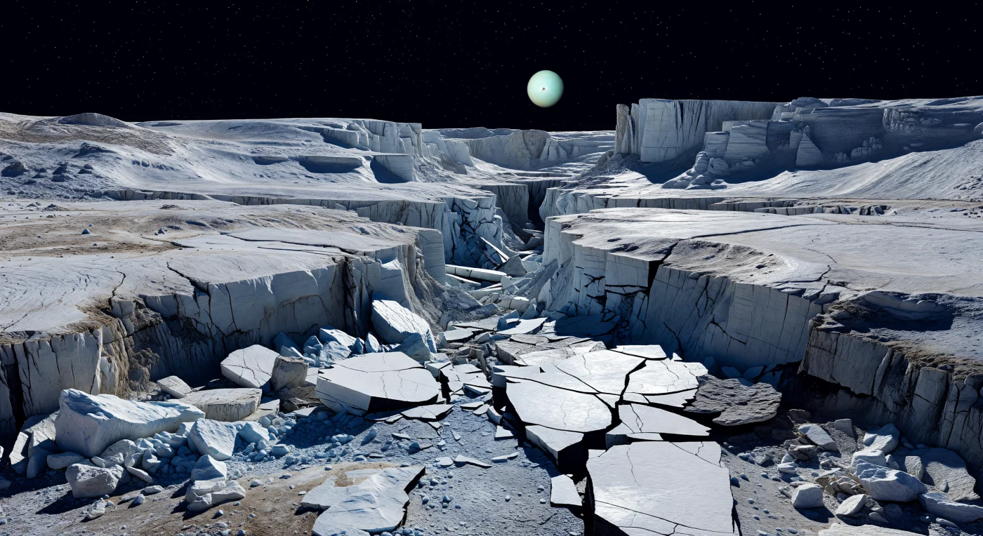 You are standing in the wreckage where two colossal fault-bounded troughs collide, amid a canyon floor shattered into tilted plates of water ice, jagged talus, and slump blocks split by knife-black fractures that drop into lightless voids. Freshly broken scarps gleam bluish white in the low Sun, while older surfaces are muted by irradiation and streaked with darker rocky and carbon-rich impurities, revealing the mixed icy-rock composition of this crust and the long exposure of its surface to space. The steep walls around you, stepped with fault terraces and collapse benches, record immense tectonic stretching and collapse, with smoother frozen patches hinting at ancient mobilized ice or cryovolcanic resurfacing that has long since hardened in the deep cold. Under a perfectly black sky, with a tiny distant Sun casting razor-edged shadows and a pale cyan-green giant hanging overhead, the vacuum makes every cliff, boulder, and kilometer-scale slump mass appear unnervingly sharp, turning this frozen junction into a landscape of vast, silent violence.