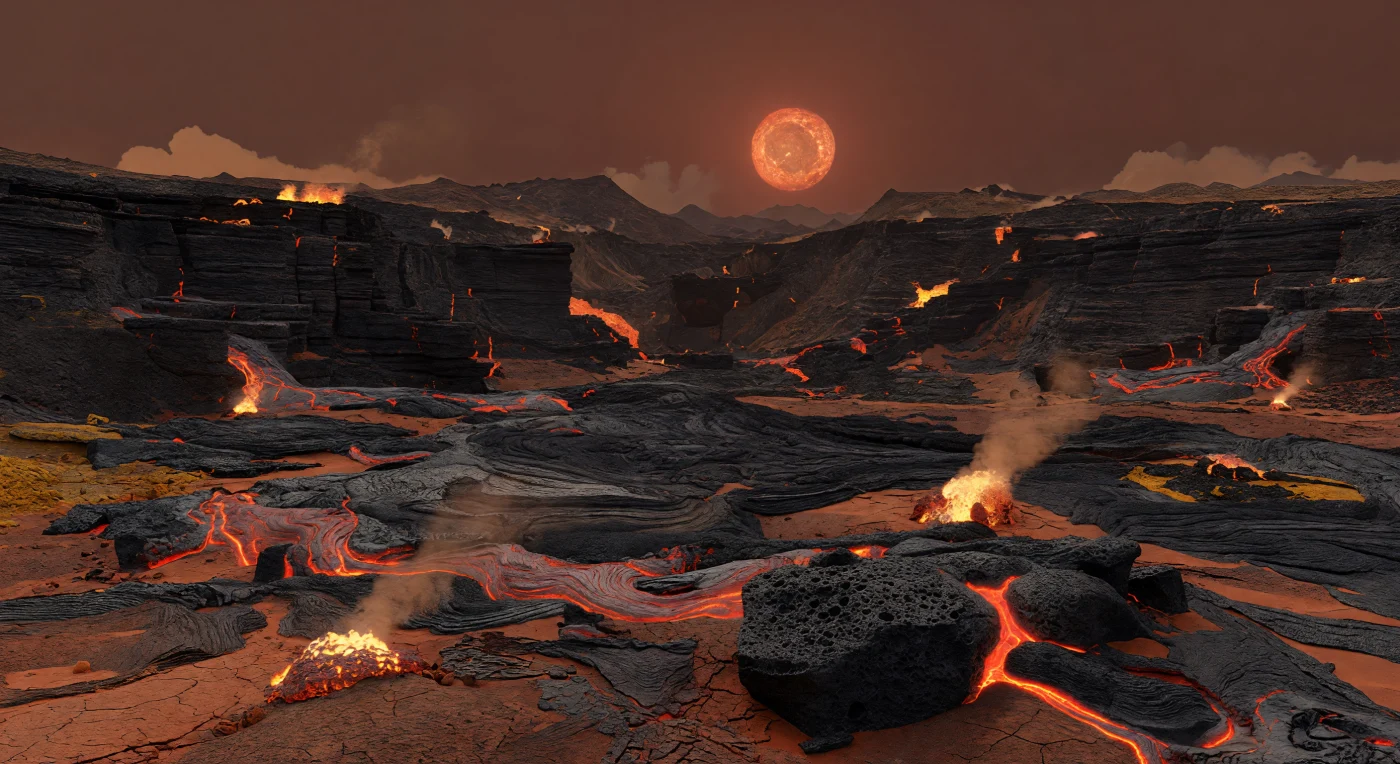 From the rift floor, you would be surrounded by black volcanic highlands split open into immense trenches, where stepped fault walls rise hundreds of meters and car-sized blocks of vesicular basalt lie scattered across fractured lava plains. Narrow fissures glow with fresh molten rock, feeding ropey pahoehoe flows whose orange-red light flickers across wrinkled older basalts, while sulfur-stained fumaroles paint the cracked ground in pale yellow and rusty orange. This is a plausible terminator-zone volcanic landscape on a rocky world likely shaped by tidal locking or strong tidal stresses, where basaltic volcanism, crustal extension, desiccation, and a thin dust-laden atmosphere could combine to preserve stark fault scarps, collapsed lava tubes, and broad rift valleys. Above it all, a dim red dwarf hangs permanently low through volcanic haze, casting soft copper and ember light that turns the horizon smoky and immense, making the scene feel both geologically familiar and profoundly alien.