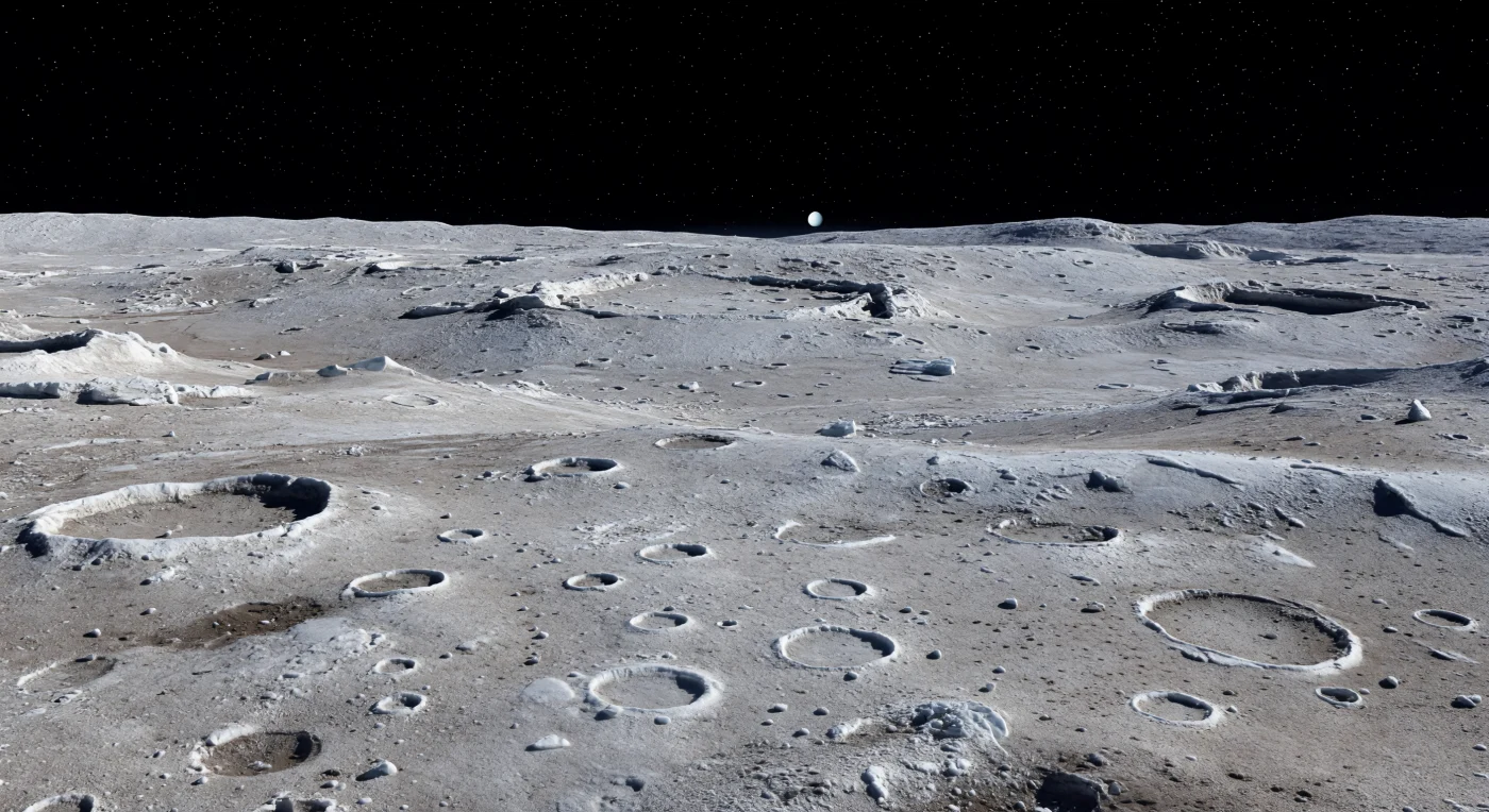 Vor Ihnen breitet sich ein uraltes, eisreiches Hochland aus, dicht übersät mit sich überlagernden Einschlagskratern, deren abgeflachte Ränder und blasseren Auswurfdecken von Milliarden Jahren kosmischer Bombardierung und langsamer Weltraumverwitterung erzählen. Der Boden besteht aus hellem Wasser-Eis-Regolith und aufgebrochenem Eisgestein, durchsetzt mit kantigen Fragmenten und vereinzelten dunklen Flecken aus kohlenstoffhaltigem oder strahlungsverdunkeltem Material, während tief stehendes Sonnenlicht die etwas helleren Kraterkämme in kaltes Weiß taucht und pechschwarze, messerscharfe Schatten in die Mulden schneidet. In der schwachen Schwerkraft wirken selbst sanfte Hügel, zerbrochene Ringwälle und hummelige Auswurffelder überraschend markant, sodass sich die erstarrte Landschaft kilometerweit bis zum Horizont wie eine verwitterte Schale aus Eis und Stein erhebt. Über allem spannt sich ein vollkommen schwarzer, luftleerer Himmel, der die stille Fremdartigkeit dieses alten Einschlaggeländes noch verstärkt und jeden Blick daran erinnert, dass hier nicht Wind oder Wasser, sondern Vakuum, Frost und Impakte die Oberfläche geformt haben.