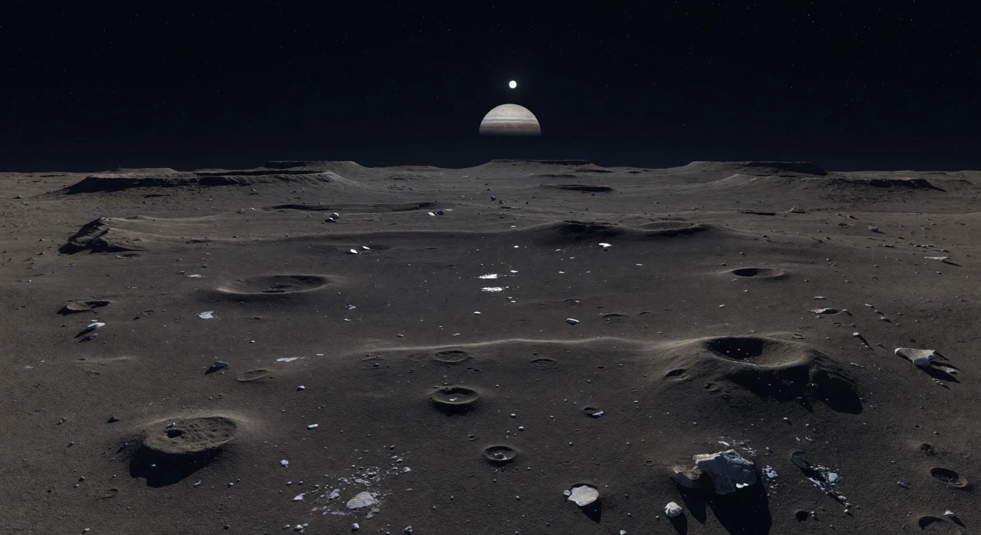 Vor Ihnen breitet sich eine dunkle, flachwellige Ebene bis zum fernen Horizont aus, ihr rußbraun bis kohlegrau gefärbter Regolith wie ein feiner, trockener Schleier über einem vergrabenen, eisreichen Untergrund. Nur vereinzelt durchbrechen kleine helle Flecken aus schmutzigem Wassereis und frostig wirkende Auswurftrümmer die düstere Decke, besonders an den scharfen Rändern winziger frischer Krater, während uralte Einschlagsspuren, flache Senken und kaum noch erkennbare Ringreliefs die Landschaft als über Milliarden Jahre hinweg überprägtes Palimpsest verraten. In der luftleeren Umgebung gibt es weder Dunst noch Farbverläufe am Himmel: Über der stillen Ebene steht ein tiefschwarzes Firmament, in dem die ferne Sonne als kleines, gleißendes Licht harte, messerscharfe Schatten wirft und selbst entferntes Gelände bis zur Krümmung gestochen klar sichtbar bleibt. So wirkt diese gefrorene Eis-Gesteins-Welt zugleich still und monumental — ein Ort, an dem die ungeheure Zeit nicht in Bergen oder Vulkanen, sondern in abgeschliffenen Kraterrändern und gedämpften, endlosen Formen eingeschrieben ist.