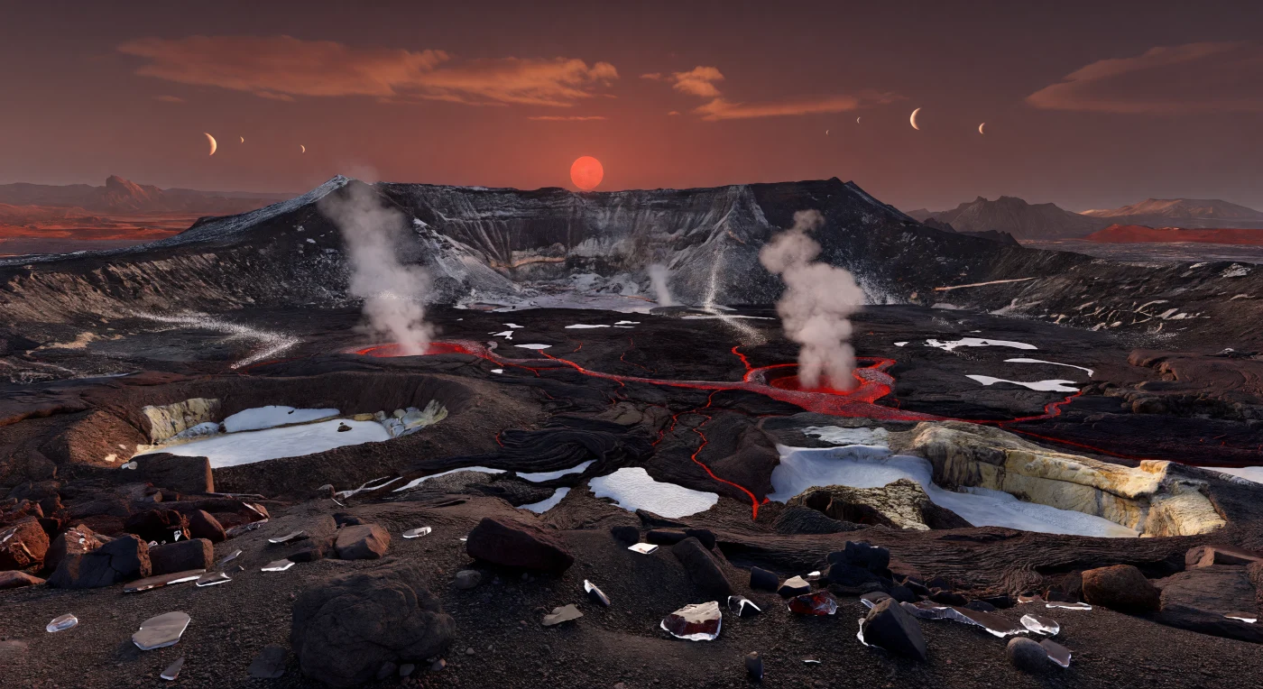 Im Zwielicht der permanenten Terminatorzone öffnet sich eine mehrere Kilometer breite Caldera, deren gebrochener basaltischer Rand über dunklen Lavafeldern, eingestürzten Gruben und scharf zerklüfteten Kraterwänden aufragt, während windgeschliffenes Eis und Reif die Schattenmulden mit bläulichweißen, glatt polierten Flächen auskleiden. Durch den schwarzen, eisenreichen Fels schneiden präzise Netze aktiver Spalten, aus denen tief karminrotes Glühen aufsteigt – ein Hinweis auf anhaltenden tektono-vulkanischen Wärmefluss in einer silikatischen Kruste – und über niedrigen Schloten steigen dichte weiße Dampffahnen auf, die in der kalten, dünnen bis mäßigen Sekundäratmosphäre rasch kondensieren und als funkelnde Eiskristalle mit dem Wind verweht werden. Zwischen mafitischen Blocklaven, obsidianartigen Splittern, aschbestäubtem Geröll und von durchsichtigem Eis gesäumten Findlingen wirkt jede kleine Ventkante im Vordergrund winzig gegenüber den steilen Escarpments, fernen gezackten Bergen und den weiten Ebenen, die in kupferroten Dunst übergehen. Knapp über dem Horizont hängt die gedämpfte orange-rote Zwergsonne und taucht die Landschaft in flaches, weiches Rotlicht, während auf der dunkleren Himmelsseite fremde Planetenscheiben über dem Eisnebel stehen – ein Anblick, der diese kalte vulkanische Grenze zwischen Tag und Nacht zugleich lebensfern und erstaunlich dynamisch erscheinen lässt.