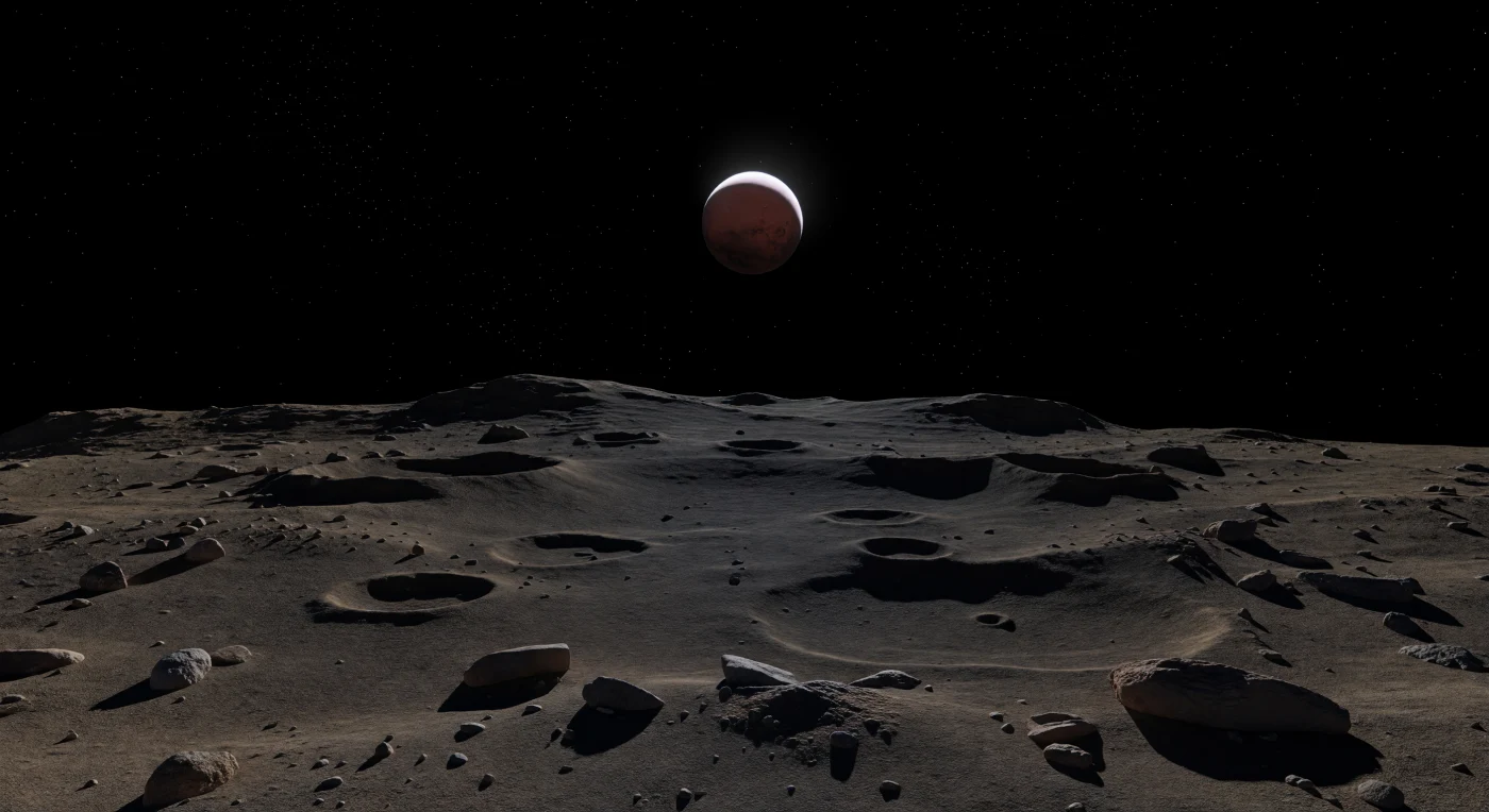 Über eine sanft gewellte Ebene aus dunklem, kohlenstoffreichem Regolith legt sich plötzlich die Finsternis: Das harte Sonnenlicht bricht ab, die stumpfen Braun‑, Grau‑ und Ockertöne des extrem feinen Staubs versinken beinahe in Schwarz, und selbst die langen Schatten der verstreuten porösen Gesteinsbrocken lösen sich im Dunkel auf. Die Oberfläche wirkt uralt und unbewegt, von zahllosen Einschlägen geformt und von lockerem Pulver geglättet, das flache Kraterchen, schwache Auswurfwälle und niedrige Hügel unter einer weichen Decke dämpft – ein direktes Zeugnis der winzigen Schwerkraft und des luftleeren Vakuums, in dem weder Wind noch Wasser die Landschaft verändern. Am nahen, merklich gekrümmten Horizont wird die Kleinheit dieses unregelmäßigen Mondes fast körperlich spürbar, während darüber der schwarze Himmel mit immer schärfer hervortretenden Sternen aufreißt. Beherrscht wird die Szene von der riesigen Scheibe des nahen Planeten, dessen sichelförmig beleuchteter Rand schwach rötliches Licht über die matte, staubige Ebene streut und der Finsternis eine unheimliche, fremde Dämmerung verleiht.