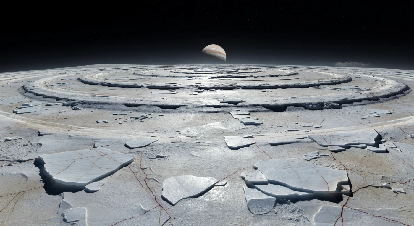 Vor Ihnen breitet sich eine uralte Einschlagslandschaft aus: flache, konzentrische Eisrücken und breite Mulden ziehen in kilometerlangen Bögen bis zum sanft gekrümmten Horizont, ihre weiß bis blass graubraunen Flächen von frostigem Regolith, zerbrochenen Eisplatten und vereinzelten rötlichbraunen Bruchfüllungen durchzogen. Das tiefe Sonnenlicht streift die nur wenige Dutzend Meter hohen Wälle und schneidet messerscharfe Schatten in die gefrorene Kruste, wodurch feine Details sichtbar werden – dunkle Lineae aus bestrahlten Salzen und Schwefelsäureverbindungen, kleine Gruben, kantige Eisblöcke und helle, bläulichweiße Aufbrüche frischen Wassereises. Diese mehrfache Ringstruktur entstand durch einen gewaltigen Einschlag, der die spröde Eisschale wellenartig verformte; seitdem haben tektonische Spannungen, Strahlungsverwitterung und das langsame Umformen des Eises die Oberfläche weiter überprägt, ohne je flüssiges Wasser an der Oberfläche zu hinterlassen. Über all dem liegt ein pechschwarzer, nahezu luftleerer Himmel, in dem die ferne Sonne klein wirkt und das Gelände zugleich kalt, still und von einer unheimlichen, fast grenzenlosen Weite erfüllt erscheinen lässt.