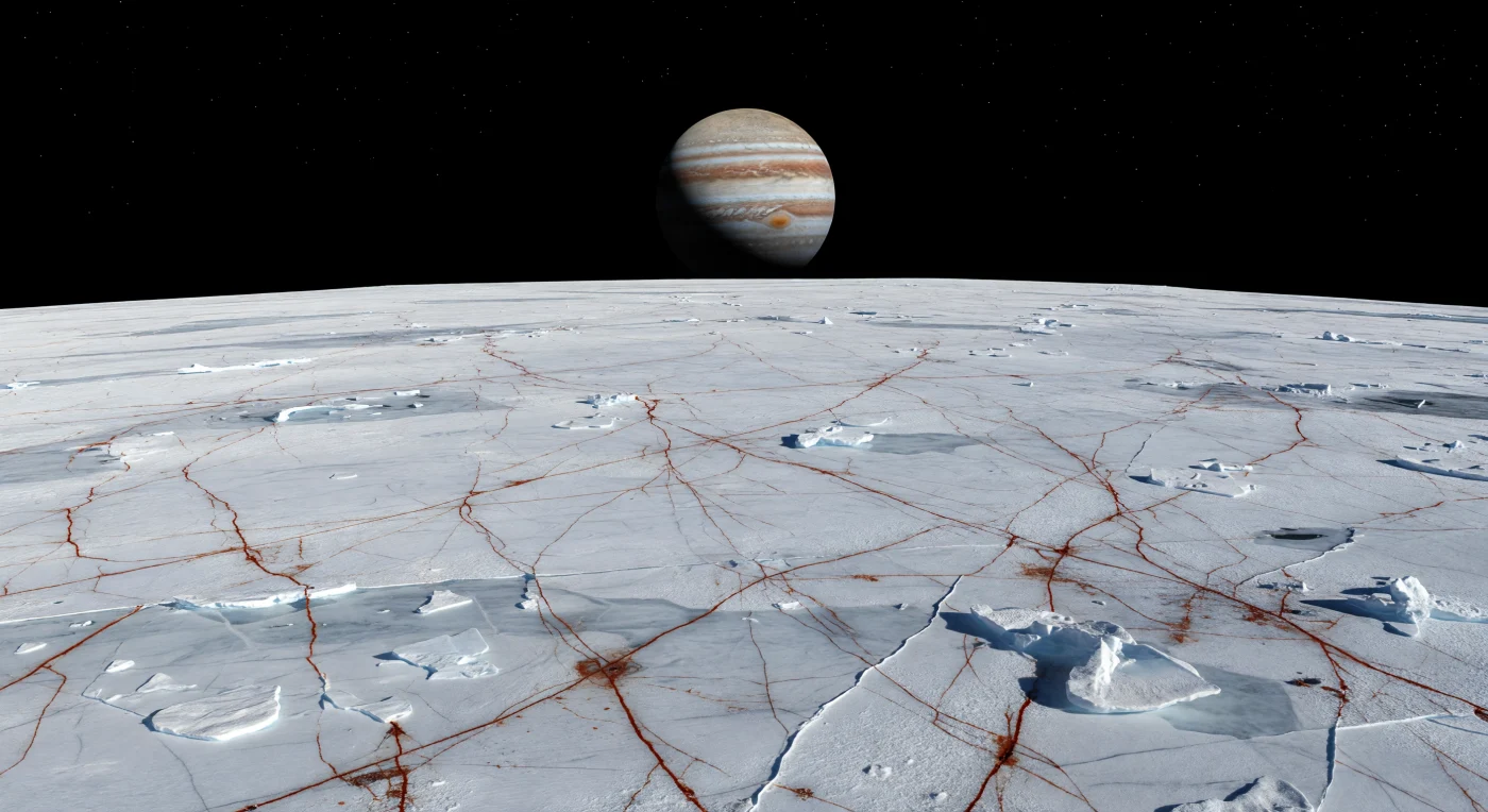 Vor dir breitet sich eine fast vollkommen ebene Eiswüste bis zu einem sanft gekrümmten Horizont aus, ihre helle Kruste aus Wasser­eis in Weiß- und blassen Blautönen von einem dichten Netz rostrotbrauner lineae, doppelter Rücken, flacher Gräben und spröde gegeneinander versetzter Platten durchzogen. In frischen Brüchen schimmern durchscheinend blaue Kanten, entlang der Risse liegen dunklere, salzreiche Ablagerungen, und dazwischen stören nur wenige niedrige Hügel und kleine Chaosfelder aus leicht verdrehten, wieder festgefrorenen Eisblöcken die globale Glätte dieser Oberfläche. Über allem hängt in einem pechschwarzen, nahezu luftleeren Himmel eine gewaltige, fast unbewegliche Planetenscheibe, deren creme-, ocker- und braungebänderte Wolkenbänder so groß erscheinen, dass sie die Landschaft beherrschen, während hartes, kaltes Sonnenlicht messerscharfe Schatten zieht und ein schwacher warmer Reflex von der Riesenscheibe die Schattenseiten des Eises sanft tönt. Diese erstarrte Ebene wirkt still und lebensfeindlich, doch ihre Risse und Rücken verraten eine geologisch aktive Welt, deren Eishülle durch mächtige Gezeitenkräfte ständig gedehnt, gebrochen und über einem verborgenen salzigen Ozean erneuert wird.