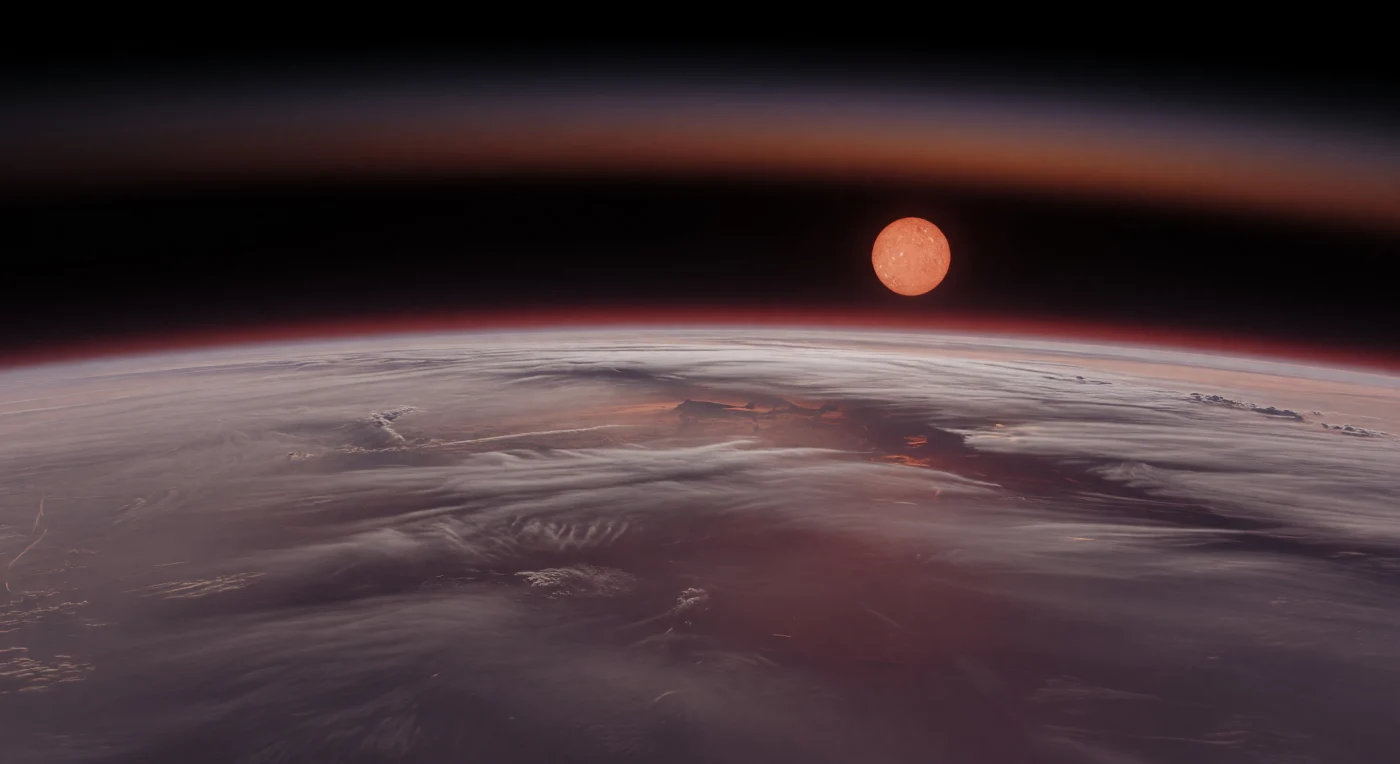 Unter Ihnen wölbt sich ein endloses Meer aus blass aschgrauen bis mauvefarbenen Wolkendecken, gegliedert in weiche Terrassen und glatte, ambossartige Dunstschichten, während die starke Krümmung des Horizonts die gewaltige Größe dieser Hülle sofort spürbar macht. Entlang des Randes verdichtet sich die Atmosphäre zu fein gebänderten Schleiern aus metallreichem Dunst und flüchtigkeitsreichen Aerosolen, die von Rauchviolett über tiefes Burgunderrot bis in ein glimmendes Karmesin auslaufen, bevor darüber das All schwarz und leer aufreißt. Seitlich hängt der orange-rote Mutterstern als ungewöhnlich große, matte Scheibe am Himmel und taucht die oberen Wolken in kupfernes Licht mit sanften, langgezogenen Schatten – ein Hinweis auf die Nähe zu einem kühlen roten Zwerg und auf eine dichte, hochmetallische Atmosphäre, deren flaches Spektrum durch ausgedehnte Wolken und Hazeschichten geprägt ist. Was wie eine Landschaft wirkt, ist in Wahrheit nur die oberste Haut eines tiefen, heißen, wahrscheinlich wasserreichen Planeten ohne feste Oberfläche: Unter den undurchsichtigen Schichten könnten superkritische Wasserhüllen und extrem verdichtete Fluide liegen, doch hier oben sieht man nur Farbe, Schichtung und unermessliche Tiefe.