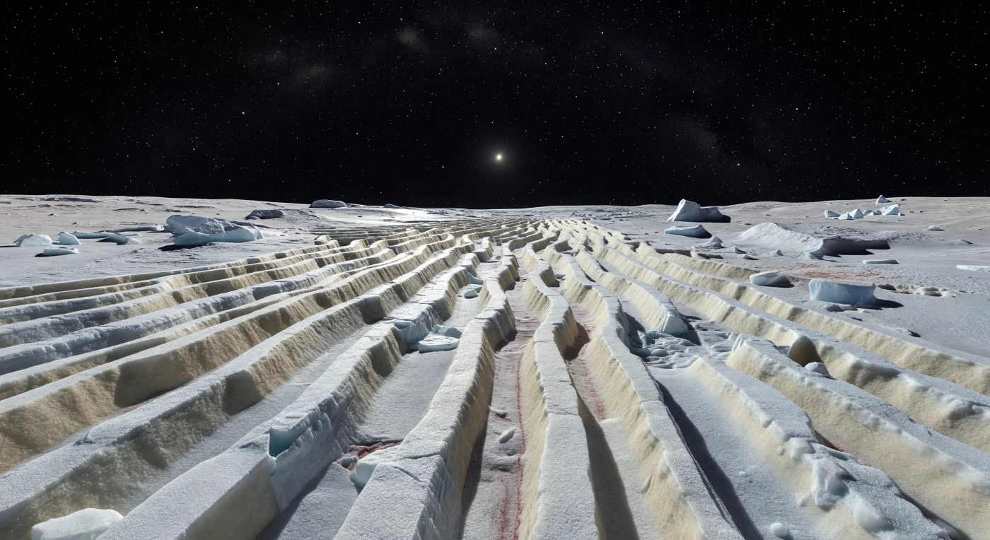 Zwischen dicht gedrängten, geschwungenen Rücken aus blass cremeweißem Methanfrost steht man in einer Landschaft aus scharfkantigem Eis, deren meter- bis zigmeterhohe Grate über einem helleren, kompakteren Fundament aus Stickstoffeis liegen. Die spröden Kämme glitzern im extrem schwachen Sonnenlicht wie zerbrochenes Glas, während in den schmalen Rinnen messerscharfe Schatten auf grauweißem, verdichtetem Eis liegen, stellenweise von rötlichbraunem Tholin-Staub getönt, der sich in feinen Vertiefungen gesammelt hat. Ohne nennenswerte Atmosphäre gibt es hier weder Wind noch weiche Übergänge: Sublimationsnarben, kryogene Bruchmuster und kantige Eisblöcke bleiben nahezu unverändert erhalten, und die geringe Schwerkraft erlaubt ungewöhnlich steile, dauerhafte Frostformen bis zum sanft gekrümmten Horizont. Über allem spannt sich ein vollkommen schwarzer Himmel voller gestochen scharfer Sterne, in dem die Sonne nur als greller Lichtpunkt erscheint – fern, kalt und doch genug, um die gefrorene Ebene in ein fremdartig funkelndes Relief aus Weiß, Elfenbein und bläulichem Eis zu schneiden.