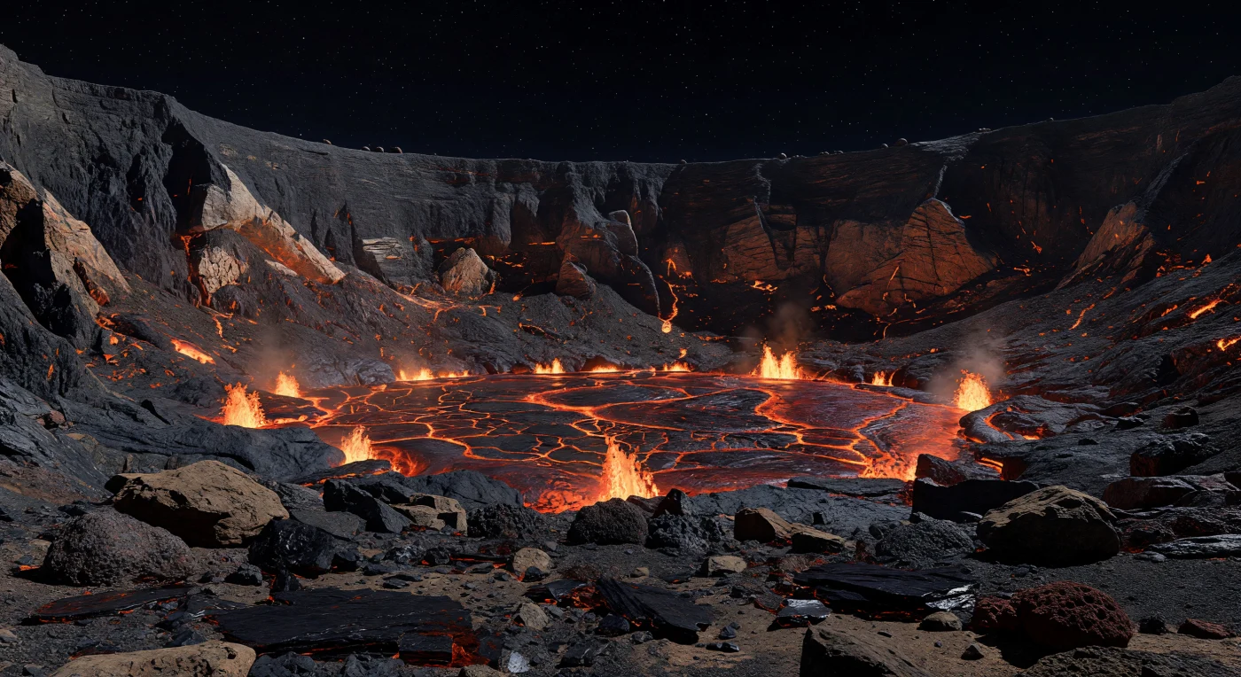 Am Boden einer gewaltigen, steilwandigen Caldera wälzt sich ein orange‑roter Lavasee aus geschmolzenem Silikatgestein, dessen dunkle Kruste ständig in kantige, polygonale Schollen zerbricht und an den heißesten Aufrisslinien weißorange aufglüht. Die fast senkrechten Kraterwände aus schwarzem basaltischem bis ultramafischem Vulkangestein ragen wie erstarrte Festungen empor; im flackernden Licht der Magma werden Schichtungen, Spalten, Schuttfächer und erstarrte Spritzablagerungen sichtbar, während die hohe Schwerkraft die Lavafontänen niedrig, schwer und dicht über der Oberfläche hält. Unter einem tiefschwarzen, fast atmosphärenlosen Himmel funkeln Sterne messerscharf, und wenige helle Punkte des äußeren Systems stehen reglos über dem Rand, während die eigentliche Landschaft fast nur vom glutroten Schein des Sees beleuchtet wird. Zwischen glänzendem Vulkanglas, blasiger Schlacke und obsidianartigen Bruchplatten wirkt die Szene zugleich geologisch vertraut und vollkommen fremd: eine aktive Magmawelt, in der Hitze, Fels und Dunkelheit in monumentalem Maßstab direkt vor Ihren Füßen zusammentreffen.