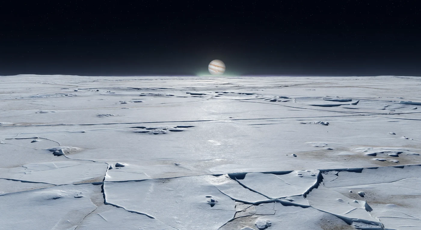 Vor Ihnen erstreckt sich eine ungeheure polare Ebene aus hartem Wassereis-Grundgestein und durch Einschläge zermahlenem Eisregolith, überzogen von hauchdünnen weißen bis bläulichweißen Frostfilmen, die im flachen, fernen Sonnenlicht wie Glas splittern. Zwischen den starren polygonalen Eisplatten öffnen sich schmale, dunkelgraue Spalten; niedrige Hügel, sanfte Rillen, parallele Rücken, flache Senken und weich gezeichnete alte Kraterränder verraten eine lange Geschichte tektonischer Verformung, Einschläge und späterer Frostablagerung, während etwas braungraues silikatreiches Fremdmaterial in Rissen und älteren Geländeinseln zurückbleibt. Weil hier praktisch keine Atmosphäre existiert, ist der Himmel tiefschwarz, die Schatten messerscharf und die Fernsicht ungebrochen – selbst weit entfernte eisige Stufen und aufgewölbte Blöcke wirken unnatürlich klar, als lägen sie zum Greifen nah. Tief über dem Horizont steht Jupiter beinahe reglos und gewaltig, gebändert in Creme-, Ocker- und Rosttönen, und verstärkt die überwältigende Stille eines trockenen, gefrorenen, luftleeren Reichs, in dem höchstens ein zarter grünlich-violetter Schimmer nahe dem Polhorizont an die unsichtbaren magnetischen Kräfte erinnert.