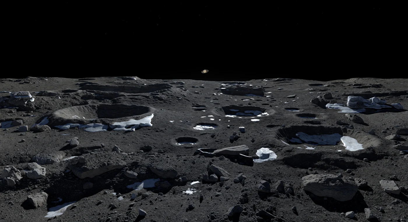 Unter einem vollkommen schwarzen, luftleeren Himmel streicht die tief stehende Sonne fast waagrecht über eine uralte, dicht vernarbte Ebene aus sehr dunklem Regolith, grober Impaktbrekzie und kantigen Felsblöcken, während kilometerlange, messerscharfe Schatten von Kraterrändern und Findlingen über den Boden ziehen. In Vertiefungen und an dauerhaft beschatteten Flanken kleiner Krater halten sich unregelmäßige, schmutzig weiß bis bläulich schimmernde Frost- und Eisflecken, deren Helligkeit den starken Kontrast zwischen kohlenstoffreichem Oberflächenstaub und freigelegtem, flüchtigkeitsreichem Material sichtbar macht. Die Landschaft ist ganz von Einschlägen geformt: überlappende Schüsselkessel, hummelige Auswurfdecken, gebrochene Steilstufen und fern aufragende Kraterwälle wirken in der schwachen Schwerkraft übersteilt und roh, während der ungewöhnlich enge, deutlich gekrümmte Horizont die geringe Größe dieser Welt spürbar macht. Hier gibt es weder Dunst noch Wetter, keine Dämmerung und kein Streulicht – nur kalte, harte Beleuchtung, starre Stille und das Gefühl, auf einem eingefangenen Überrest aus der Frühzeit des äußeren Sonnensystems zu stehen.