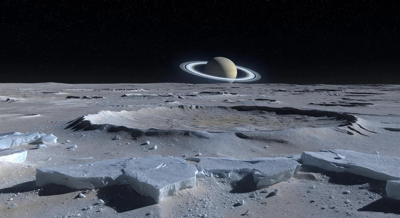 Unter einem vollkommen schwarzen, sternübersäten Vakuumhimmel liegt eine gewaltige polare Ebene aus uraltem Wassereisgestein, überzogen von feinem, hellen Regolith aus zertrümmertem Einschlagsmaterial und durchsetzt mit kantigen, frosthellen Eisblöcken, deren Kristalle im fahlen Licht schwach aufglitzern. Da die Sonne im Winternachtshimmel fehlt, wird die Landschaft nur von Saturn und dem von seinen Ringen zurückgeworfenen Licht beleuchtet: ein geisterhaftes silbrig-blaues Leuchten mit zarten beige-goldenen Akzenten, das niedrige Kraterränder, sanft hügelige Auswurfdecken und überlagerte uralte Einschlagsspuren gerade eben aus der Dunkelheit hebt, während tiefere Mulden in fast vollständigem Schwarz versinken. Die starre, luftlose Kälte dieser Welt zeigt sich in jedem Detail — keine Wolken, kein Dunst, kein Wind, keine fließenden Formen, sondern eine von Milliarden Jahren aus Einschlägen und langsamer Weltraumverwitterung geprägte Oberfläche aus Eis und geringen nicht-eisigen Verunreinigungen. Wegen der geringen Schwerkraft wirkt der Horizont fern und offen, die Sichtlinien sind ungewöhnlich lang, und die stille Weite lässt den Betrachter fühlen, als stünde er allein in einer gefrorenen Nacht aus Stein, Eis und schwachem Planetenschein.