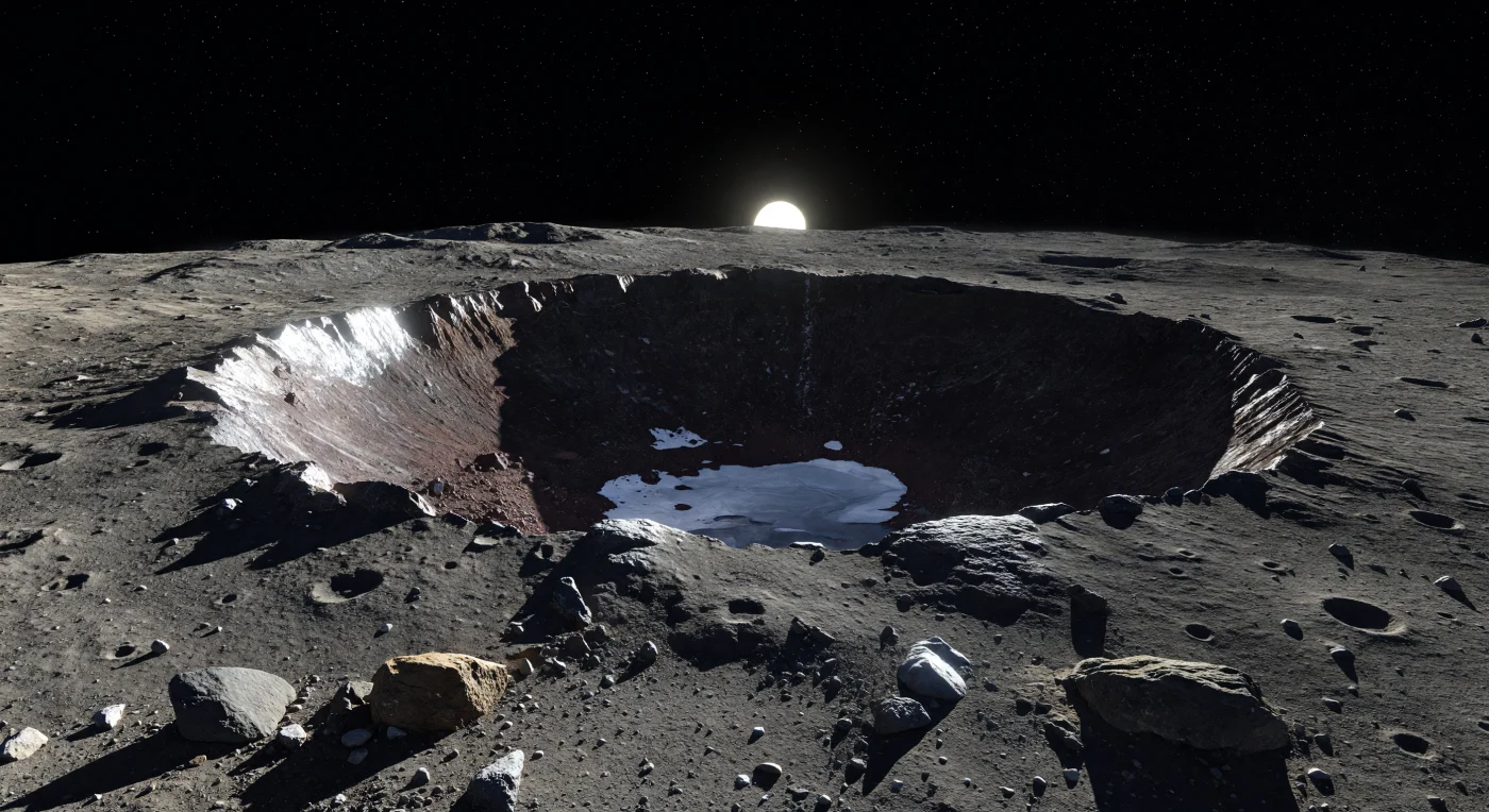 Am Kraterrand steht man an einer messerscharfen Grenze zwischen gleißendem Licht und ewiger Nacht: Die sonnenbeschienene Wand leuchtet silbrig-grau unter unerbittlicher Strahlung, während das Innere ohne Atmosphäre, Dunst oder Streulicht in vollkommenes Schwarz fällt. Erst thermische Aufnahmen enthüllen dort unter einer fast schwarzen, rötlich-braunen Decke aus eisen- und kohlenstoffreichem Regolith mächtige Ablagerungen aus Wassereis, konserviert bei Temperaturen weit unter −170 °C, weil die nahezu fehlende Achsneigung den Kraterboden seit Milliarden Jahren nie direkt von der Sonne erreichen lässt. Überall zeichnen sich die Folgen von Einschlägen, Mikrometeoriten und gewaltigen Temperatursprüngen ab: scharfkantige Blöcke, feinkörniger Schutt, kleine Sekundärkrater und rissige Felswände, deren Details bis zum fernen Horizont gestochen klar bleiben, da keine Luft die Sicht verwischt. Vor dem schwarzen Himmel wirkt diese Landschaft zugleich still und brutal — ein Ort, an dem nur wenige Schritte die Distanz zwischen glutheißem Gestein über 430 °C und uraltem, verborgenem Eis markieren.