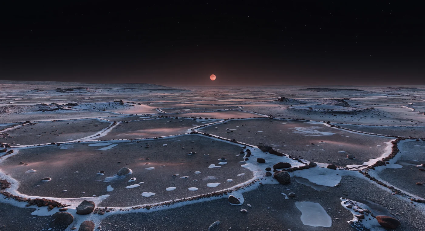 Am Rand der ewigen Nacht erstreckt sich eine gewaltige Ebene aus polygonal aufgerissenem Permafrost bis zum fernen Horizont, als hätte die Kälte selbst den Boden in ein Mosaik aus dunklem Basaltstaub, schwarzbraunen Gesteinstrümmern und bläulich-weißem Reif zerbrochen. In den flachen Furchen zwischen den unregelmäßigen Vielecken glitzern helle Raureifränder und stellenweise durchscheinende Frostablagerungen aus gefrorenem Kohlendioxid oder anderen flüchtigen Stoffen, während kleine Druckrücken, sortierte Steinleisten und kantige Blöcke von wiederholter Frostsprengung, Sublimation und kryogener Bodenverformung zeugen. Das schwache, rötlich-orange Licht des tief am Horizont stehenden Zwergsterns streicht seitlich über die eiszementierten Sedimente und zieht weiche Schatten durch die Senken, über denen in Bodennähe ein hauchdünner Schleier aus Eisnebel oder treibenden Frostkristallen liegt. Unter einem fast schwarzen Himmel mit sichtbaren Sternen wirkt diese Landschaft uralt, ausgetrocknet und monumental: im Vordergrund zeigen sich kristalline Details im Zentimetermaßstab, doch die kilometerweiten Polygonnetze und blassen Mesas in der Ferne machen spürbar, wie riesig und fremdartig diese gefrorene Grenzzone ist.
