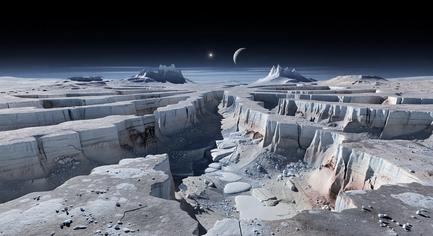 Vom Rand einer zerbrochenen Eisklippe aus öffnen sich sechs gewaltige, von Verwerfungen begrenzte Canyons strahlenförmig um eine sanfte zentrale Aufwölbung, als hätte die Kruste hier unter uralten tektonischen Spannungen spröde aufgerissen. In den steilen, terrassierten Wänden treten Schichten aus hellem Stickstoff- und Methaneis in Weiß, blassem Blau und zartem Beige hervor, überstäubt von dunkleren, tholinreichen Ablagerungen, während tief unten scharf begrenzte Schatten polygonale Brüche, eingestürzte Blöcke und zäh wirkende Zungen flüchtigen Eises verbergen. Der Untergrund aus hartem Wassereis bildet das tragende Gestein dieser eisigen Landschaft, und die außergewöhnliche Höhe der fernen, messerscharfen Berge wird durch die schwache Schwerkraft begünstigt, die solche Formen aufrechterhält. Über allem spannt sich ein fast schwarzer Himmel mit nur einem hauchdünnen bläulichen Dunstband am Horizont; die ferne Sonne erscheint wie ein greller Stern und taucht die Szene in kaltes, silbriges Licht, das jede Kante überdeutlich hervorhebt und die gewaltige, fremdartige Stille dieses gefrorenen Canyon-Systems spürbar macht.