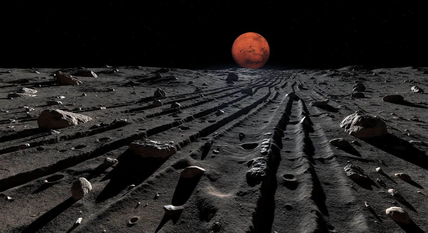 Im flachen Sonnenaufgangslicht zieht sich ein Korridor aus parallelen, flachen Rillen und schmalen Felsrippen schräg über den Vordergrund bis zur nah gekrümmten Horizontlinie, als wäre die dunkle, staubige Oberfläche mit gewaltigen Kratzspuren durchzogen worden. Der Boden besteht aus extrem dunklem, kohlenstoffreichem Regolith mit brekziösen Splittern, porösen Brocken, kleinen Auswurftrümmern und feinem Pulver, das sich in den Rillen und winzigen Sekundärkratern gesammelt hat; in der winzigen Schwerkraft bleiben selbst zarte Kanten erstaunlich scharf erhalten. Weil es keinerlei Atmosphäre gibt, fällt das Sonnenlicht brutal klar und ohne Dämmerung über die Szene: Jede Rippe, jeder Block und jedes Staubkorn wirft messerscharfe, kilometerlang wirkende Schatten in tiefes Schwarz, nur stellenweise gemildert durch einen schwachen rötlichen Reflex des riesigen Mars am Himmel. So wirkt die Landschaft zugleich uralt, zerbrechlich und monumental — ein luftleeres Trümmerfeld, dessen feine Oberflächentextur direkt vor den Füßen beginnt und sich in geologischen Linien von kilometerhaftem Maßstab in die Finsternis des Alls verliert.