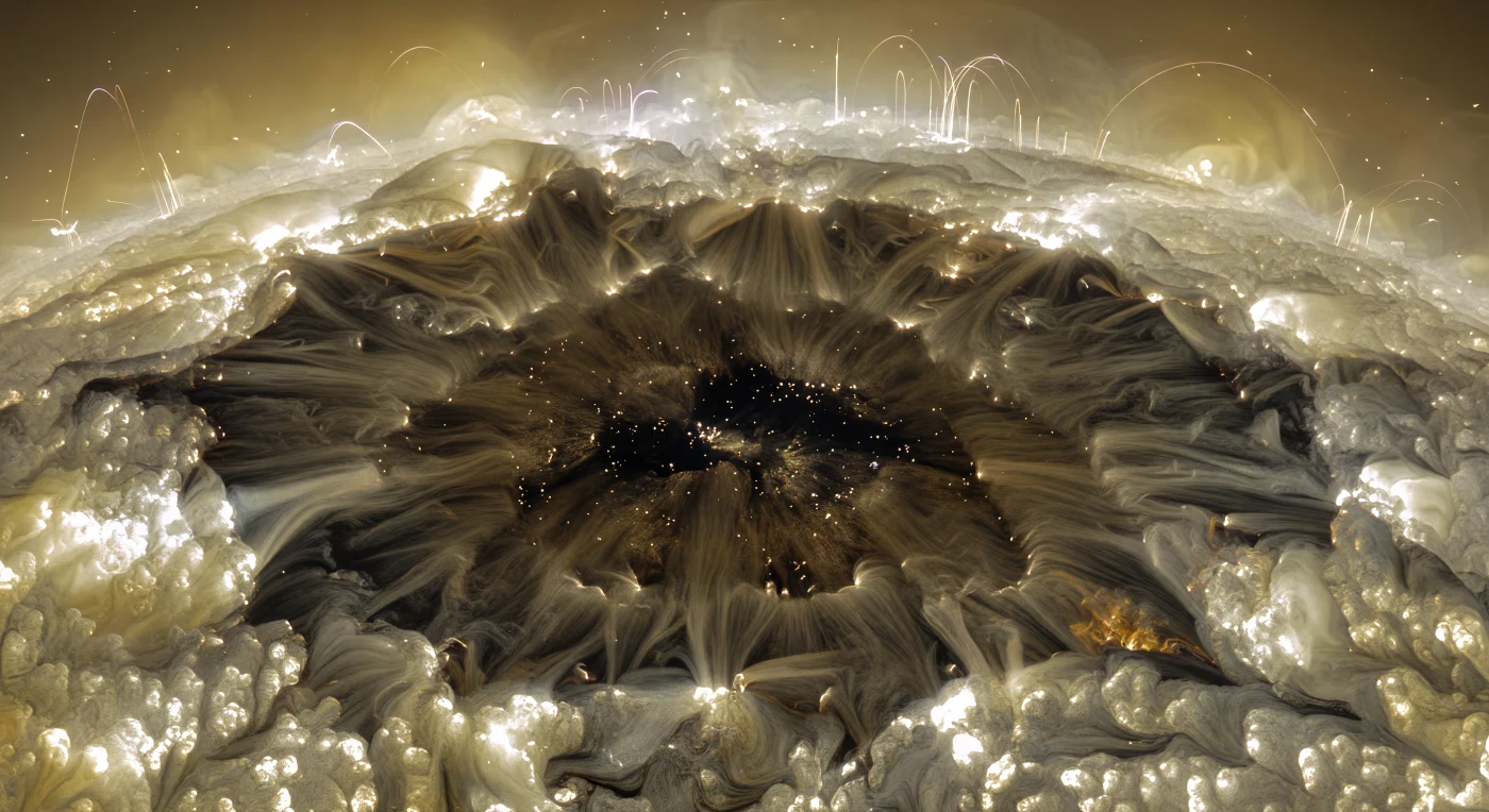 Eine gigantische Sonnenflecksenke füllt den Blick: Im Zentrum liegt die dunkle, charcoalbraun bis nahezu schwarze Umbra als kühlere, von Magnetfeldern erstickte Plasmafläche, deren feinkörnige Mottelung von unterdrückter Konvektion und winzigen Umbralpunkten zeugt. Sie wird von einer gewaltigen Penumbra aus graubraunen, bronze schimmernden Magnetfibrillen umrahmt, die sich radial nach außen ziehen, während jenseits davon die Photosphäre in weiß-goldenem Glühen mit klar aufgelösten Granulationszellen und hell aufblitzenden Faculae aufbricht. Über dem Rand stehen nadelartige Spikulen, kurze Plasmaschübe und scharf gezeichnete Filamente in der heißen Chromosphäre, alles eingebettet in eine Atmosphäre ohne festen Boden, in der nur ionisierte Materie und Magnetfelder die Form der Landschaft bestimmen. Der extreme Kontrast zwischen den 5.770-K-heißen, blendenden Zonen und den magnetisch abgekühlten Dunkelregionen lässt den Sonnenfleck wie einen abyssalen Krater erscheinen, obwohl er in Wirklichkeit eine gewaltige Störung im Plasma der Sternoberfläche ist.