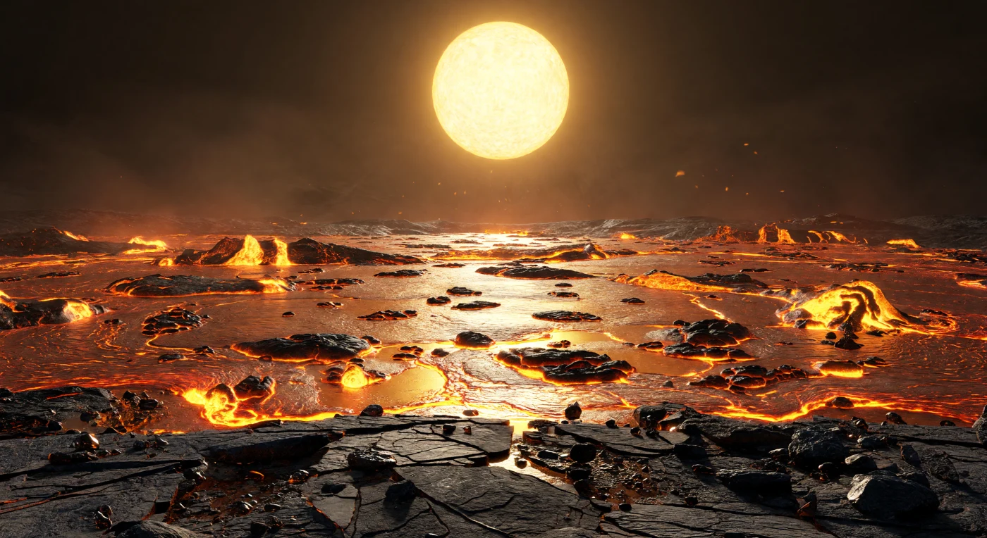 Vor Ihnen liegt die starre Tagseite einer ultrahotten Supererde: ein gezacktes Ufer aus schwarzem Basalt und ultramafischem Gestein, in messerscharfe Platten und aufgeworfene Druckrücken zerbrochen, darüber verstreut glasige, obsidianähnliche Auswürfe und dünne Krusten erstarrter Silikate, die unter der rund 2,4-fachen Schwerkraft besonders gedrungen und schwer wirken. Dahinter dehnt sich ein scheinbar endloser Ozean aus geschmolzenem Gestein aus, in den heißesten Bereichen weißgelb glühend, weiter draußen gold- bis tieforange, durchzogen von schwarzen polygonalen Krustenschollen, deren glühende Risse frische Schmelze, Konvektionswellen und enge Lavakanäle verraten; niedrige vulkanische Rücken und dunkle Felsvorsprünge ragen wie Inseln aus diesem infernalischen Meer. Hoch nahe dem Zenit brennt eine riesige weißgoldene Sternscheibe, deren grelles Licht zusammen mit dem orangefarbenen Widerschein der Magmaflächen jede Kante doppelt modelliert, während kurze Schatten in einer dünnen, rauchig bronzenen Atmosphäre aus Gesteinsdampf, Silikatdunst und Kondensat fast im Hitzeflimmern zerfließen. Diese Landschaft ist kein Ozean aus Wasser, sondern eine durch extreme Einstrahlung und wahrscheinlich gebundene Rotation dauerhaft aufgeheizte Schmelzwelt, auf der Fels selbst wie eine Flüssigkeit zirkuliert und der Horizont in mineralischem Dunst und erstickender, unbewegter Glut verschwimmt.
