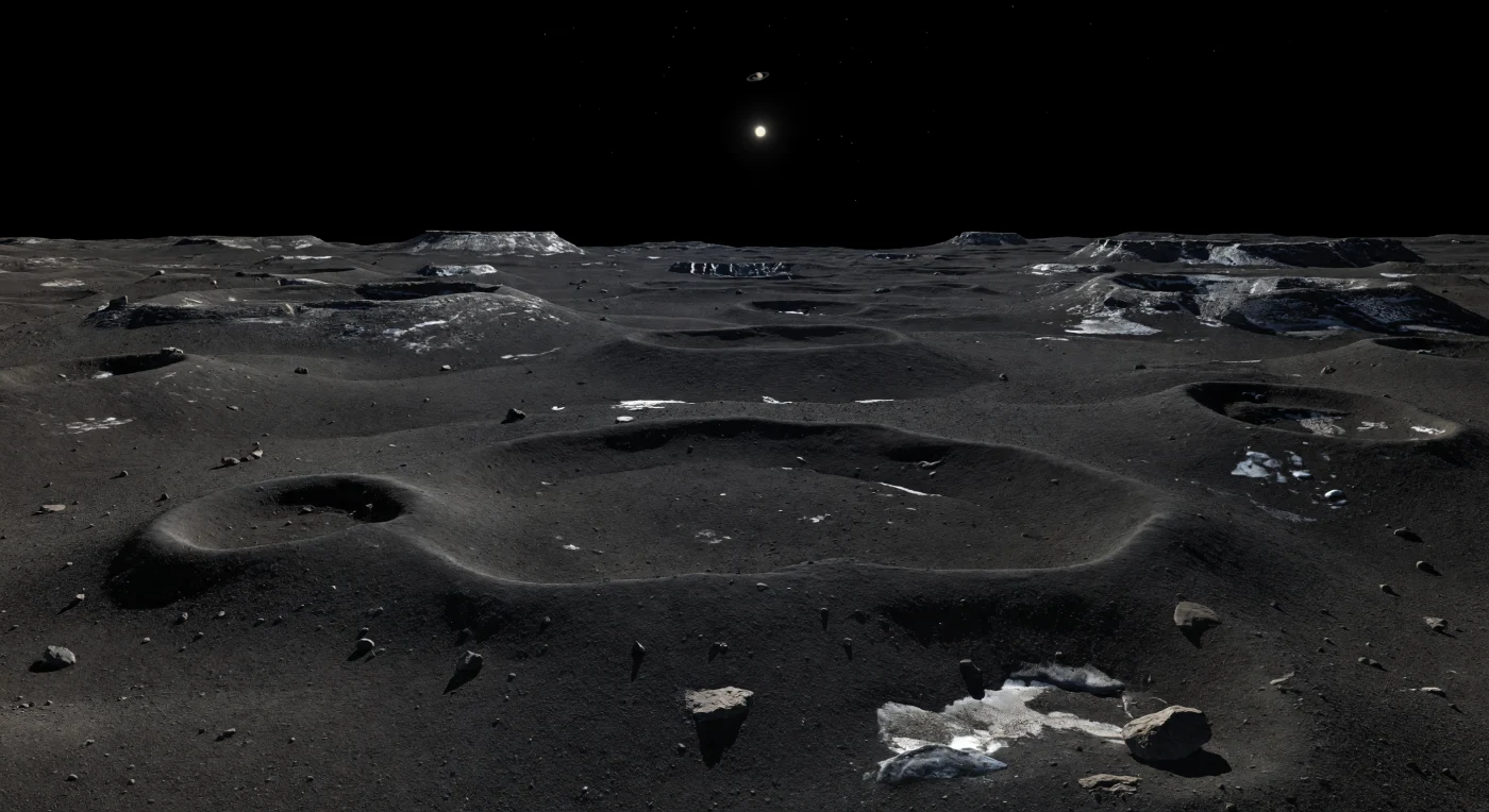From this ground-level vantage, an ancient plain of overlapping, degraded craters rolls away in broad dark swells, the surface mantled in compacted charcoal-black regolith strewn with angular boulders and half-buried crater rims softened by eons of impact gardening. Here and there, mottled bright patches and pale streaks flash from scarps and inner slopes where fresher impacts have punched through the dark, carbon-rich mantle to expose cleaner water ice beneath, revealing the mixed rock-and-ice makeup of this primitive captured body. Under a tiny, fiercely bright Sun and a perfectly black vacuum sky, every stone throws a razor-edged shadow, while the extremely low gravity allows unusually steep rims and rugged relief to persist across a landscape shaped almost entirely by relentless bombardment. The result is a silent, starkly alien world where kilometer-scale crater chains fade toward the horizon, and even a few small foreground rocks make you feel the vast age, emptiness, and fragility of this battered outer Solar System terrain.