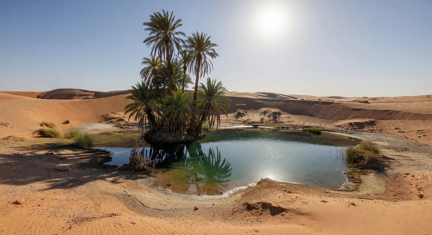 At ground level, you stand at the edge of a spring-fed pool so clear and intensely turquoise that it seems almost unreal, ringed by tall date palms whose fibrous brown-gray trunks and dense green crowns cast sharp shadows across damp sediment, salt crusts, and the glassy water. Only a few meters away, the oasis gives way abruptly to bright quartz-rich sand dunes stained tan, ochre, and reddish brown by iron-bearing grains, their ripple marks and slip faces sculpted by persistent wind under a harsh white Sun in a pale blue, nearly cloudless sky. The pool is shallow and transparent at the margins, darkening toward the center where dissolved minerals, depth, and sky reflection enrich its blue-green color, while faint spring ripples disturb mirrored fronds and hints of reeds at the wettest edge. The result is a striking lesson in desert hydrology and surface processes: life clustered tightly around groundwater reaching the surface, surrounded by heat-shimmering emptiness where exposed sand, dry air, and the complete absence of moisture beyond the oasis make the contrast feel immense and profoundly otherworldly.