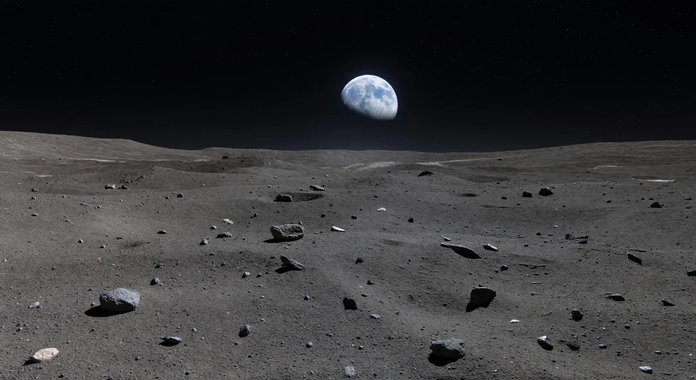 Under a black, airless sky, a brilliantly full Earth hangs almost motionless above the horizon, its blue oceans, white cloud bands, and sunlit continents casting a cold silver-blue glow across the dark mare plain. At your feet, the powdery regolith is a finely crushed blanket of basalt and impact-made glass, sparkling faintly in places and broken by sharp-rimmed craters, scattered angular rocks, and low wrinkle ridges that ripple across the distant horizon. With no atmosphere to soften the light, even this dim Earthshine throws crisp, delicate shadows from ejecta blocks and crater edges, revealing a landscape shaped not by wind or water but by ancient lava flooding, relentless micrometeorite bombardment, and eons of unweathered stillness. The plain stretches outward in muted grays and ash-brown tones, immense and silent, while the glowing world above becomes the only vivid color in an otherwise stark, frozen night.