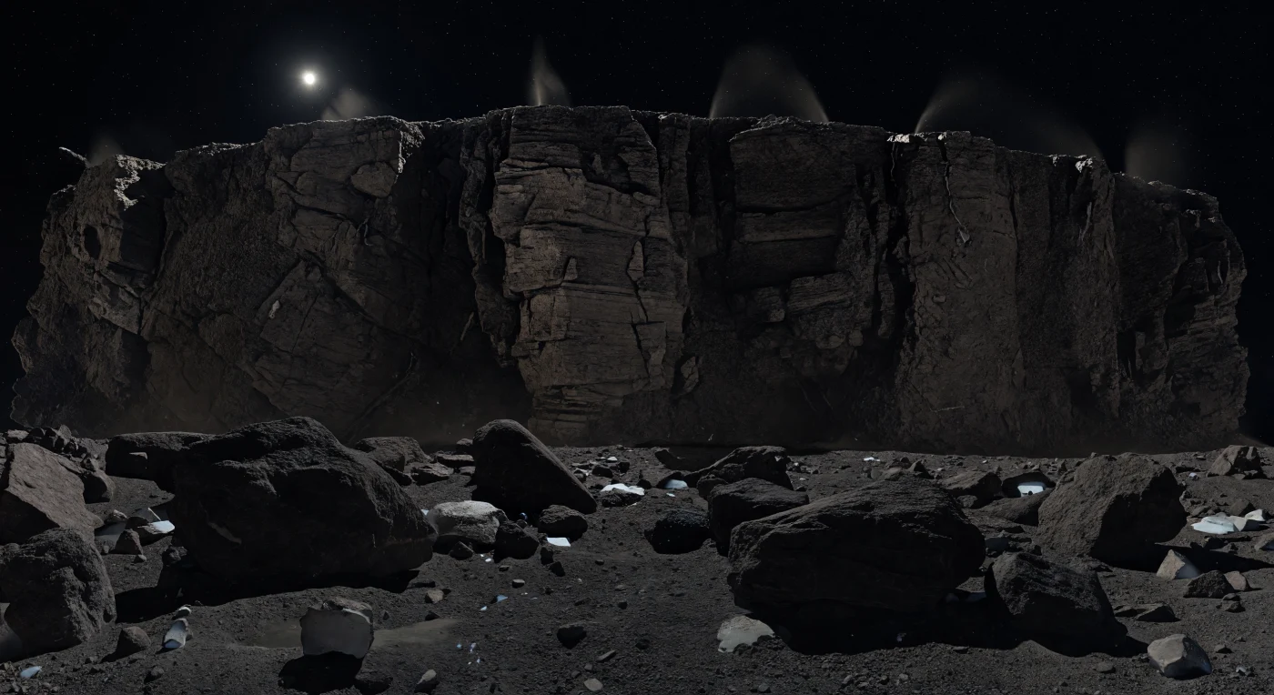 Desde la base de Hathor, la pared se alza casi vertical como una muralla colosal de material cometario consolidado, tan oscuro como el carbón húmedo, rota en grandes planos, grietas profundas y salientes que desaparecen fuera del encuadre mientras bloques derrumbados del tamaño de una casa yacen esparcidos a sus pies. La superficie, formada por una frágil mezcla de polvo, compuestos orgánicos y hielos volátiles cementados en una costra porosa, muestra estratos y fracturas poligonales esculpidos por ciclos de calentamiento solar, sublimación y colapso, con pequeños destellos sucios de hielo de agua expuesto en rincones protegidos. Bajo un cielo de vacío absolutamente negro, la luz del Sol cae dura y blanca sobre la cresta superior, dejando el muro inferior y el talud en una sombra perfecta de bordes afilados, mientras diminutos granos parecen flotar en la gravedad ínfima y finos penachos emergen desde fracturas iluminadas muy arriba. La cercanía del horizonte curvado y el contraste brutal entre luz y oscuridad hacen que el paisaje se sienta a la vez diminuto y abismal, como si uno estuviera de pie sobre un escombro helado y ancestral que todavía respira lentamente hacia el espacio.