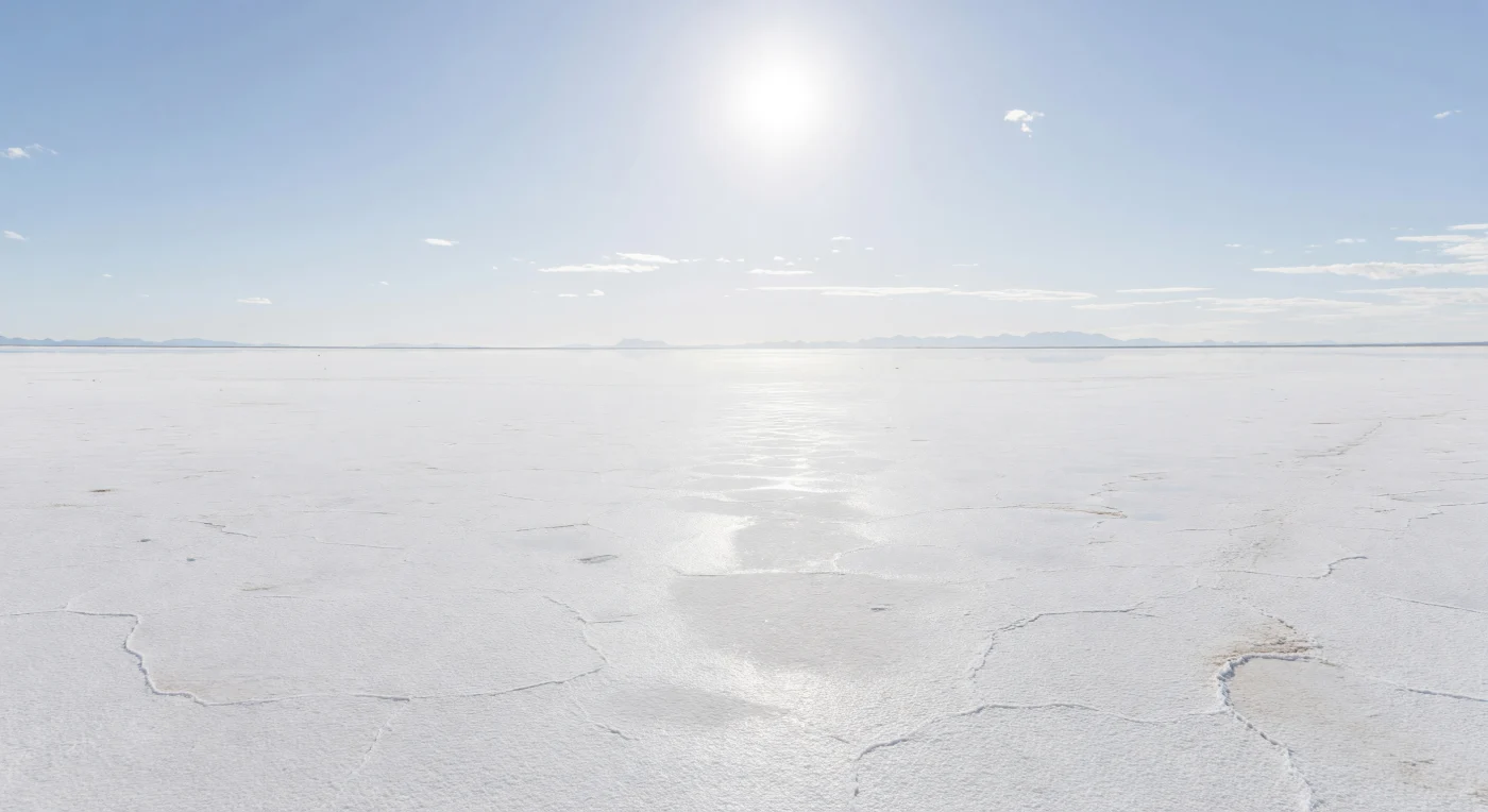 Ante ti se extiende una llanura salina inmensa y casi perfectamente plana, una costra evaporítica de halita que cubre decenas de miles de acres con un blanco tan intenso que el horizonte parece disolverse en la luz. A ras de suelo se distinguen polígonos quebradizos, grietas finísimas y destellos cristalinos, junto con vetas gris pálido y beige producidas por impurezas minerales y por la evaporación repetida de salmueras someras en esta cuenca desecada. El Sol, casi en el cenit, aplasta las sombras y convierte la superficie en un espejo mate de altísimo albedo, mientras la atmósfera seca y extraordinariamente transparente permite ver a muchos kilómetros, donde la refracción genera espejismos superiores y las montañas lejanas apenas sobreviven como bandas azul grisáceas. La ausencia total de vegetación y agua libre, unida a la curvatura apenas perceptible del terreno y al resplandor casi nevado de la sal, hace que el paisaje se sienta más como el borde de otro mundo que como una cuenca terrestre moldeada por evaporación extrema.