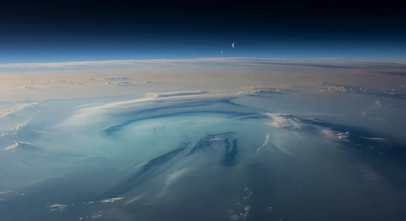 Desde esta altura extrema no hay suelo ni horizonte sólido, sino un océano atmosférico de inmensa profundidad: muy por debajo se extienden vastas cubiertas de nubes de metano en tonos cian pálido, azul blanquecino y turquesa tenue, surcadas por bandas más oscuras y remolinos que delatan tormentas colosales. A tu alrededor flota una bruma estratosférica casi etérea de hidrocarburos, generada por reacciones fotoquímicas en la alta atmósfera, que tiñe el azul con un delicado matiz ámbar parduzco mientras filtra la escasa luz solar. Sobre ese paisaje sin tierra, el cielo se oscurece hasta un negro profundo, donde el Sol aparece como un punto blanco intensísimo, diminuto pero cortante, y junto a él se dibuja el fino creciente helado de Tritón. La escena resulta silenciosa y descomunal: capas de aerosoles y nubes se curvan con la forma del planeta y se pierden a miles de kilómetros, en un reino de frío extremo, vientos feroces y luz de crepúsculo que hace que la atmósfera misma parezca un mundo suspendido.