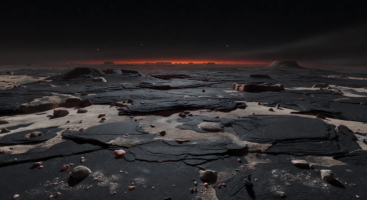 Bajo un cielo negro y tachonado de estrellas, la cuenca basáltica se extiende como un mar petrificado: costras de lava oscura, losas fracturadas por presión, cantos angulosos y lomos volcánicos bajos, todos aplanados por una gravedad aplastante de unas 2,4 veces la terrestre. Sobre esa roca ígnea no hay hielo ni nieve, sino una escarcha tenue de condensados minerales, de tonos gris pálido y beige, formada cuando vapores de silicatos y metales transportados desde el hemisferio abrasado se enfrían y se redepositan sobre el lado nocturno, acumulándose en grietas, depresiones someras y a sotavento de las rocas como un polvo cristalino mate. La iluminación es mínima y extraña: la mayor parte del terreno se pierde en sombras densas, mientras un resplandor continuo rojo carmesí, procedente del océano de lava incandescente más allá del horizonte, perfila los bordes de la escarcha y tiñe de óxido las brumas minerales bajas. Desde este suelo inmóvil y estéril, la inmensa llanura volcánica parece curvarse hacia la distancia, silenciosa y desolada, como si uno estuviera de pie en el borde helado —aunque ardientemente vecino— de un mundo de roca fundida.