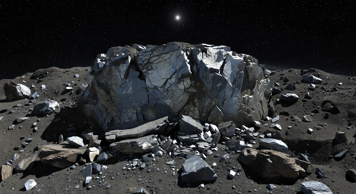 Ante ti se alza un escarpe casi vertical que, aunque apenas alcanza unas decenas de metros, domina el paisaje como una muralla de metal quebrado bajo un cielo negro sembrado de estrellas visibles incluso a pleno día. La pared expone un sustrato rico en hierro y níquel en tonos azul acero, plata mate y gris de cañón, cortado por vetas oscuras, fracturas de impacto y manchas pardogrisáceas de alteración por la intemperie espacial, mientras a sus pies se acumulan bloques angulosos, grava metálica y polvo oscuro que parecen detenidos en un equilibrio imposible por la gravedad extremadamente débil. La línea del horizonte, extrañamente cercana y curvada, delata la pequeñez del mundo, y la luz dura del Sol —más pequeño que visto desde la Tierra— arranca destellos fríos de algunas superficies pero deja sombras absolutamente negras y afiladas bajo cada saliente. Todo aquí sugiere un terreno sin aire ni agua, donde relieves abruptos pueden sobrevivir durante largos periodos y donde la geología conserva la huella de choques violentos en una corteza inusualmente rica en metal.