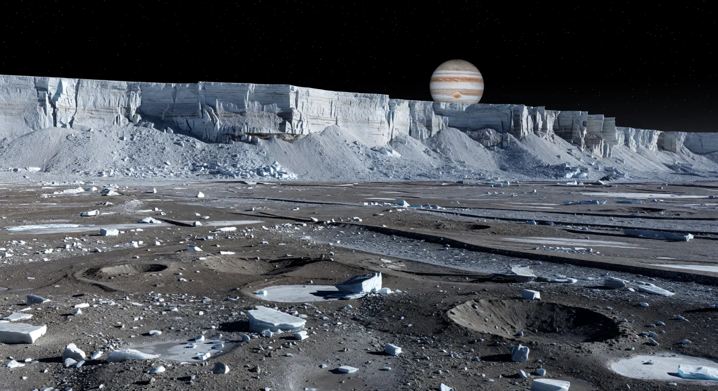 Al pie de un inmenso escarpe tectónico, una muralla de hielo de agua fracturado se eleva cientos de metros sobre una llanura oscura y áspera, donde depósitos rezagados de regolito helado ennegrecido por la radiación, polvo y fragmentos ricos en silicatos envuelven bloques angulosos del tamaño de coches y casas. La luz de un Sol muy pequeño, bajo en el horizonte, corta la escena con sombras afiladas que acentúan cornisas rotas, diaclasas verticales, delantales de derrubios y finas vetas de escarcha, mientras el cielo negro del vacío deja ver, lejos del resplandor, algunas estrellas y, según la ubicación, el gigantesco disco bandeado de Júpiter dominando el firmamento. Este paisaje registra una larga historia de fracturación y resurgimiento tectónico en una corteza helada, donde surcos, fosas, crestas paralelas y cráteres antiguos parcialmente rellenados hablan de esfuerzos internos y del continuo castigo del entorno espacial. Sin aire, sin agua líquida y bajo una gravedad débil, todo parece extrañamente nítido y monumental: un desierto congelado de hielo, polvo y roca helada que se siente tan silencioso como vasto.