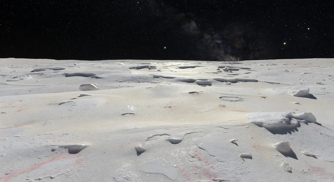 Ante ti se extiende una llanura inmensa de escarcha de metano, blanca y crema, tan brillante que devuelve destellos rosados sobre una costra granular de granos de hielo sinterizados, placas frágiles poligonales y diminutas cavidades de sublimación congeladas en un silencio absoluto. Entre suaves ondulaciones aparecen manchas grisáceas de hielos de nitrógeno y etano, algunos bloques angulosos de hielo de agua medio sepultados, pequeños cráteres de impacto de bordes bajos y finas fracturas que delatan miles de millones de años de procesamiento lento en una gravedad débil y sin atmósfera apreciable. A unos 40 K, bajo un cielo negro de vacío donde la Vía Láctea brilla nítida incluso de “día”, el Sol no es más que un punto deslumbrante que proyecta sombras tenues pero afiladas como cuchillas sobre los montículos y escarpes bajos. El horizonte, sorprendentemente cercano y curvado, refuerza la sensación de hallarse sobre un mundo pequeño, antiguo y casi inmóvil, apenas teñido aquí y allá por polvo rojizo de tolinas que mancha la pureza helada del paisaje.