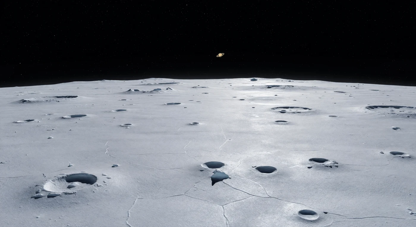 Ante ti se extiende una llanura polar inmensa de regolito helado fino, tan rica en escarcha y hielo de agua compactado que brilla en tonos plateados y blanco azulado bajo una luz solar rasante, mientras el horizonte, sorprendentemente cercano y curvado, delata el pequeño tamaño del mundo. La superficie conserva cada detalle con una nitidez extrema propia del vacío: grietas poligonales de escarcha, ondulaciones someras talladas por sublimación, diminutos patrones de “jardinería” por micrometeoritos y cráteres pequeños de bordes afilados, intactos por la ausencia total de atmósfera, viento o erosión líquida. Las sombras caen largas y negras como tinta, sin suavizarse en lo más mínimo, y entre algunos mantos de eyección apenas asoman motas oscuras de polvo contaminante sobre un paisaje dominado casi por completo por hielo limpio y brillante. Bajo un cielo absolutamente negro, donde pueden puntear unas pocas estrellas lejos del resplandor solar, la escena resulta silenciosa, antigua y desmesurada, como si estuvieras de pie sobre una planicie congelada fuera del tiempo.