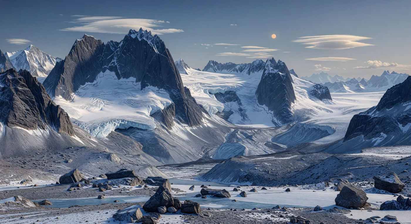 Ante ti se alza un reino alpino inmenso y severo: montañas anchas de roca pizarrosa y gris basáltica, compactadas por una gravedad algo mayor que la terrestre, sostienen espesos mantos de nieve blanca, grietas de hielo azul pálido y glaciares colgantes que se descuelgan sobre profundos valles en U excavados por el flujo lento del hielo. En primer plano, bloques angulosos fracturados por heladas, derrubios oscuros, morrenas antiguas y franjas de hielo pulido revelan un paisaje modelado por abrasión glaciar, avalanchas y ciclos intensos de congelación y ruptura, sin rastro de vegetación ni de actividad biológica visible. La luz crema-dorada de una estrella anaranjada, más tenue y pequeña que nuestro Sol, atraviesa una bruma fría y delgada, enciende reflejos ámbar sobre la nieve y deja sombras azul grisáceas dentro de las cornisas, seracs y crevasses. Bajo nubes lenticulares tensadas por los vientos de altura, las paredes del valle se elevan con una solidez casi sobrehumana, mientras cuencas glaciares y cordilleras sucesivas se desvanecen en la neblina del horizonte, haciendo que la escena se sienta a la vez habitable en principio y profundamente extraña.