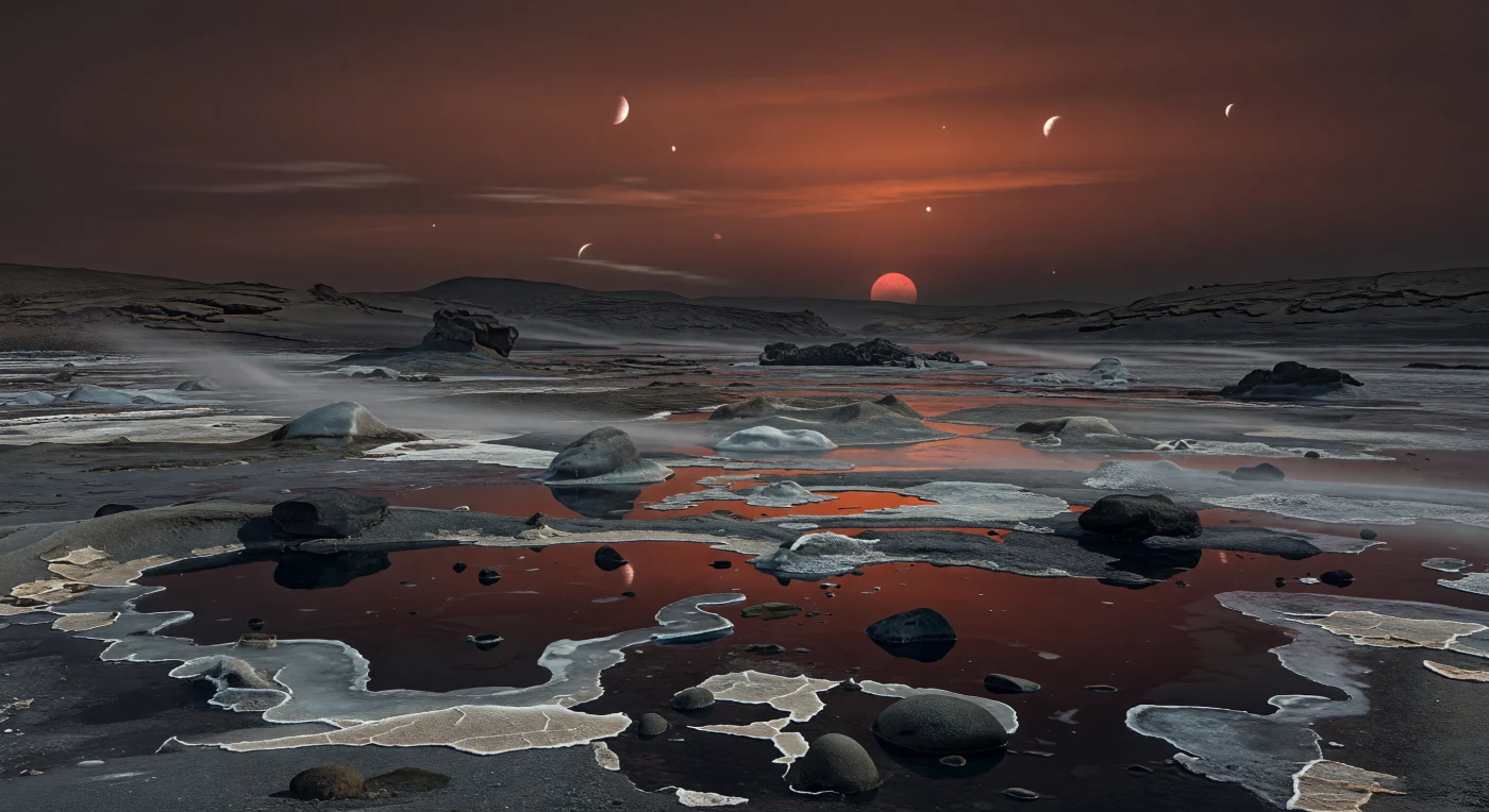 A ras de suelo, el paisaje se abre como una marisma helada de penumbra perpetua: charcas someras de salmuera negra reflejan un resplandor carmesí apagado, bordeadas por hielo translúcido y pastoso, barro gris de silicatos y costras pálidas de sal cuarteadas en polígonos por ciclos de congelación y deshielo. La luz rojiza, baja y fija en el horizonte por la rotación sincrónica del mundo, estira sombras larguísimas hacia el lado nocturno mientras la niebla rasante y el vapor frío son arrastrados de lado por vientos constantes sobre cantos basálticos, lomas de sedimento peinado y afloramientos oscuros apenas elevados sobre la llanura. Estas superficies sugieren una química activa entre agua, sales y roca volcánica, en una franja terminal donde las temperaturas podrían permitir salmueras líquidas incluso cuando el hielo fangoso domina el terreno. En la distancia, mesetas volcánicas y escarpes fracturados se pierden en una bruma rojo óxido, y varios discos brillantes de mundos vecinos cuelgan inmóviles en el cielo, haciendo que la inmensidad silenciosa de este humedal alienígena se sienta a la vez íntima y descomunal.