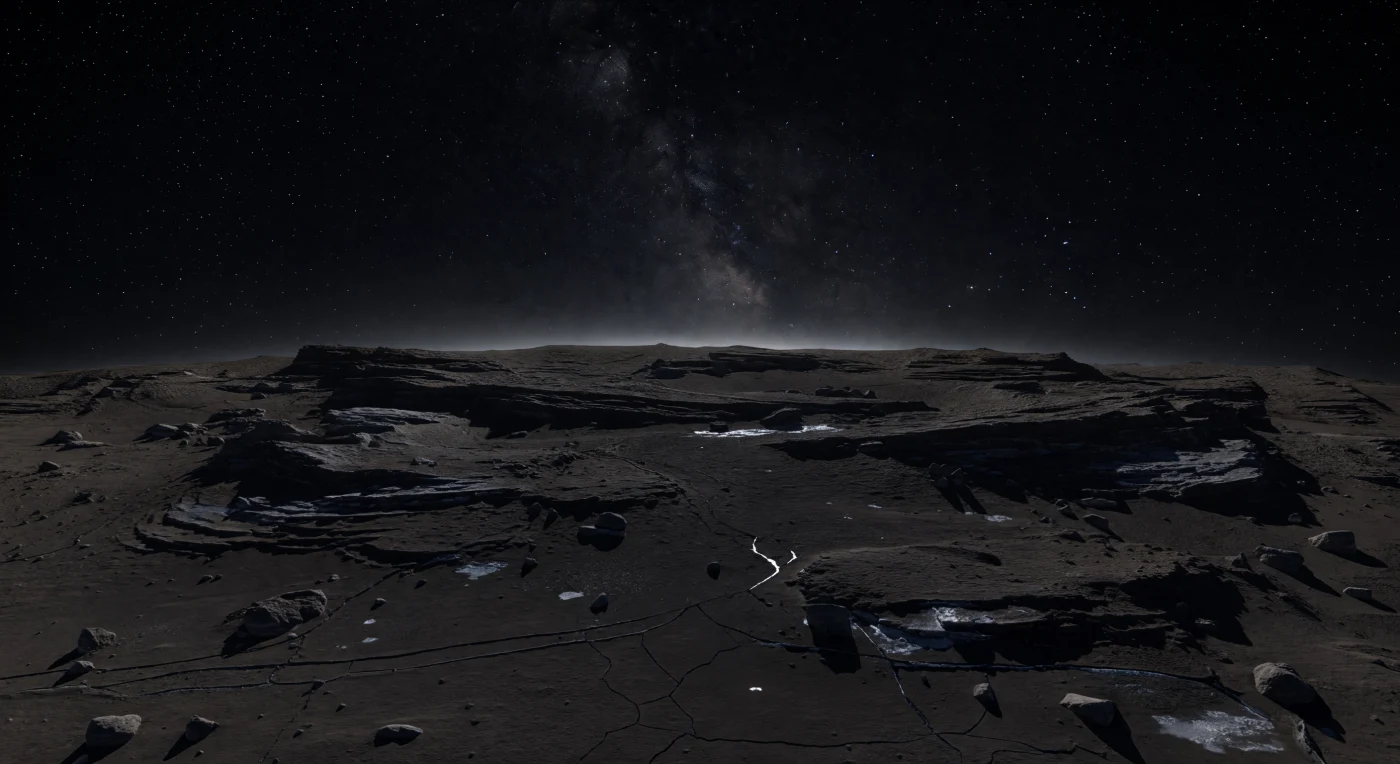 Bajo un cielo de vacío absolutamente negro, cuajado de estrellas nítidas y sin el menor velo atmosférico, se extiende una llanura helada tan oscura que parece absorber la poca luz disponible, apenas delineada por un débil resplandor blanco que asoma desde más allá del horizonte cercano y suavemente curvado. A tus pies, la costra negra parduzca de compuestos orgánicos desvolatilizados y hielo sucio se quiebra en polígonos someros entre bloques angulosos de material friable, mientras aquí y allá afloran pequeñas manchas claras donde el hielo de agua queda expuesto bajo la superficie envejecida. Más adelante, escarpes bajos de decenas de metros muestran capas superpuestas, salientes desmoronados y repisas colapsadas cubiertas por polvo de caída, revelando que este pequeño núcleo cometario es un mundo poroso y estratificado, modelado por ciclos de sublimación pasados aunque ahora permanezca totalmente inactivo. En esta noche de afelio no hay chorros, coma ni polvo en suspensión: solo un paisaje inmóvil, gélido y casi monocromo, donde la gravedad débil, las sombras cortantes y la cercanía del horizonte hacen que todo se sienta extrañamente diminuto y, al mismo tiempo, inmensamente remoto.