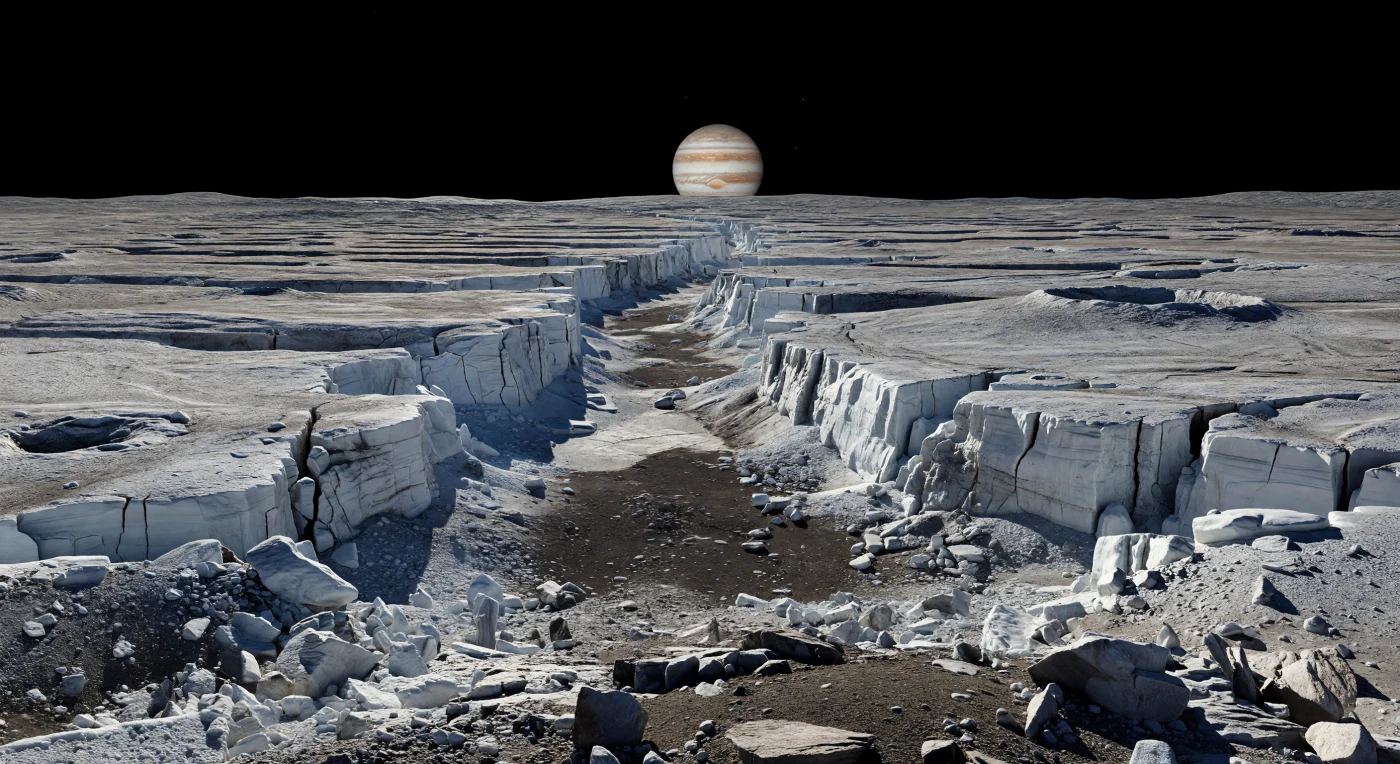Ante ti se abre una inmensa grieta tectónica helada, un surco rectilíneo que corta la antigua corteza de hielo de agua entre escarpes paralelos, donde las paredes recién fracturadas brillan en blanco limpio bajo una luz lateral dura y las sombras caen negras y afiladas sobre un suelo más oscuro, cubierto de regolito, polvo silicatado y granos de hielo ennegrecidos por la radiación. En primer plano, bloques angulosos, brechas criogénicas y cantos escarchados forman mantos de derrubios que han descendido desde las fallas, conservando aristas sorprendentemente nítidas gracias a la baja gravedad y a la ausencia total de aire, agua líquida o erosión meteorológica. Más allá del valle, el terreno acanalado se extiende hasta el horizonte en largas crestas y depresiones suavizadas, cruzadas por cráteres antiguos amortiguados por eones de resurfacing tectónico y bombardeo espacial. Sobre este desierto congelado, bajo un cielo absolutamente negro y sin dispersión atmosférica, la escena resulta desmesurada y silenciosa: un paisaje de hielo, roca y oscuridad donde la tectónica de una corteza helada queda expuesta con una claridad casi brutal.