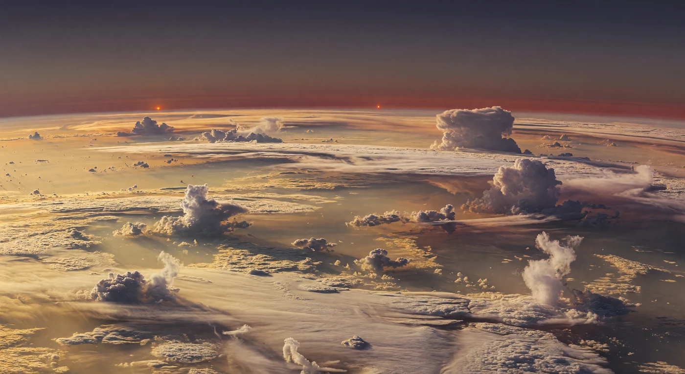Desde una abertura entre murallas de nubes, la vista se abre sobre una llanura atmosférica inmensa, donde capas de hielos de amoníaco y agua en tonos oro pálido y crema se ondulan en crestas festoneadas, remolinos espirales y penachos de tormenta con forma de yunque que emergen kilómetros sobre la bruma. No hay suelo ni mar bajo esta escena: solo una atmósfera profunda de hidrógeno y helio, fría —cerca de 180 K—, estratificada por aerosoles y vapores, modelada por vientos zonales intensos y por la química de un gigante gaseoso del tamaño de Saturno. En el horizonte curvo, el astro anaranjado más brillante ya se ha ocultado, dejando apenas un resplandor residual, mientras el compañero menor, rojizo y tenue, permanece suspendido sobre neblinas ámbar, malva y albaricoque, prolongando un crepúsculo circumbinario de luz débil y sombras suavísimas. Las cimas de las nubes recogen un último filo cobrizo, y las cubetas oscuras se hunden en gris violáceo, de modo que todo el panorama parece extenderse por cientos de kilómetros en un silencio extraño, sereno y desmesurado.
