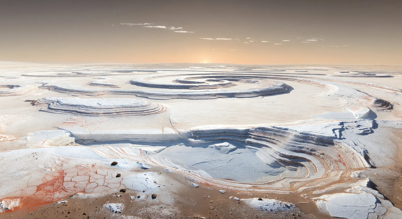 Ante ti se extiende una llanura polar de hielo de agua deslumbrante, cortada por anchos surcos en espiral que se curvan hasta perderse en el horizonte, mientras escarpes escalonados dejan al descubierto capas alternas de hielo limpio y finas bandas de polvo ocre y rojizo atrapadas por antiguos ciclos climáticos. En primer plano, el suelo aparece endurecido por la escarcha y modelado por el viento en polígonos helados, salpicado de polvo rojo-anaranjado y pequeños guijarros basálticos casi negros, bajo una luz solar baja y fría que proyecta sombras largas de tono azul blanquecino. Estas formas gigantescas son depósitos polares estratificados, esculpidos lentamente por la sublimación, los vientos dominantes y variaciones de inclinación y clima a lo largo de millones de años, en un ambiente extremadamente seco donde no hay agua líquida, solo hielo y regolito congelado. Sobre este paisaje inmenso y silencioso, el cielo pasa de un tono caramelo pálido cerca del horizonte a un marrón grisáceo más oscuro en altura, con un Sol pequeño y distante y algunas nubes finísimas de hielo suspendidas en un aire tan claro y gélido que cada borde parece tallado con precisión sobrenatural.