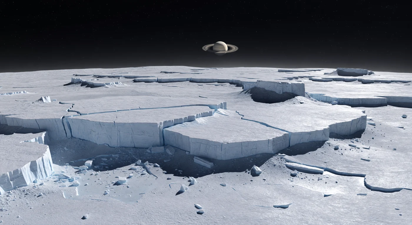 Ante ti se extiende una llanura baja de regolito de hielo de agua endurecido y escarcha compactada, brillante como metal pulido, que se curva pronto hacia un horizonte cercano y delata el diminuto tamaño del mundo. De esa planicie emergen en terrazas enormes bloques de falla, losas inclinadas y escarpes escalonados de hielo casi puro: sus cimas, bañadas por una luz solar pequeña y lejana, resplandecen en blanco intenso, mientras las paredes abruptas adquieren suaves tonos azul cian donde el hielo denso queda en sombra. En este vacío sin aire ni agua líquida, la erosión es mínima y por eso los bordes tectónicos conservan una nitidez casi imposible, con derrubios angulosos, fisuras lineales y pináculos aislados acumulados al pie de los muros. La gravedad extremadamente baja exagera el relieve y alarga sombras negras en forma de cuña, de modo que todo parece más alto, más afilado y más silencioso, como si estuvieras de pie en una catedral helada tallada por tensiones internas y congelada en plena juventud geológica.