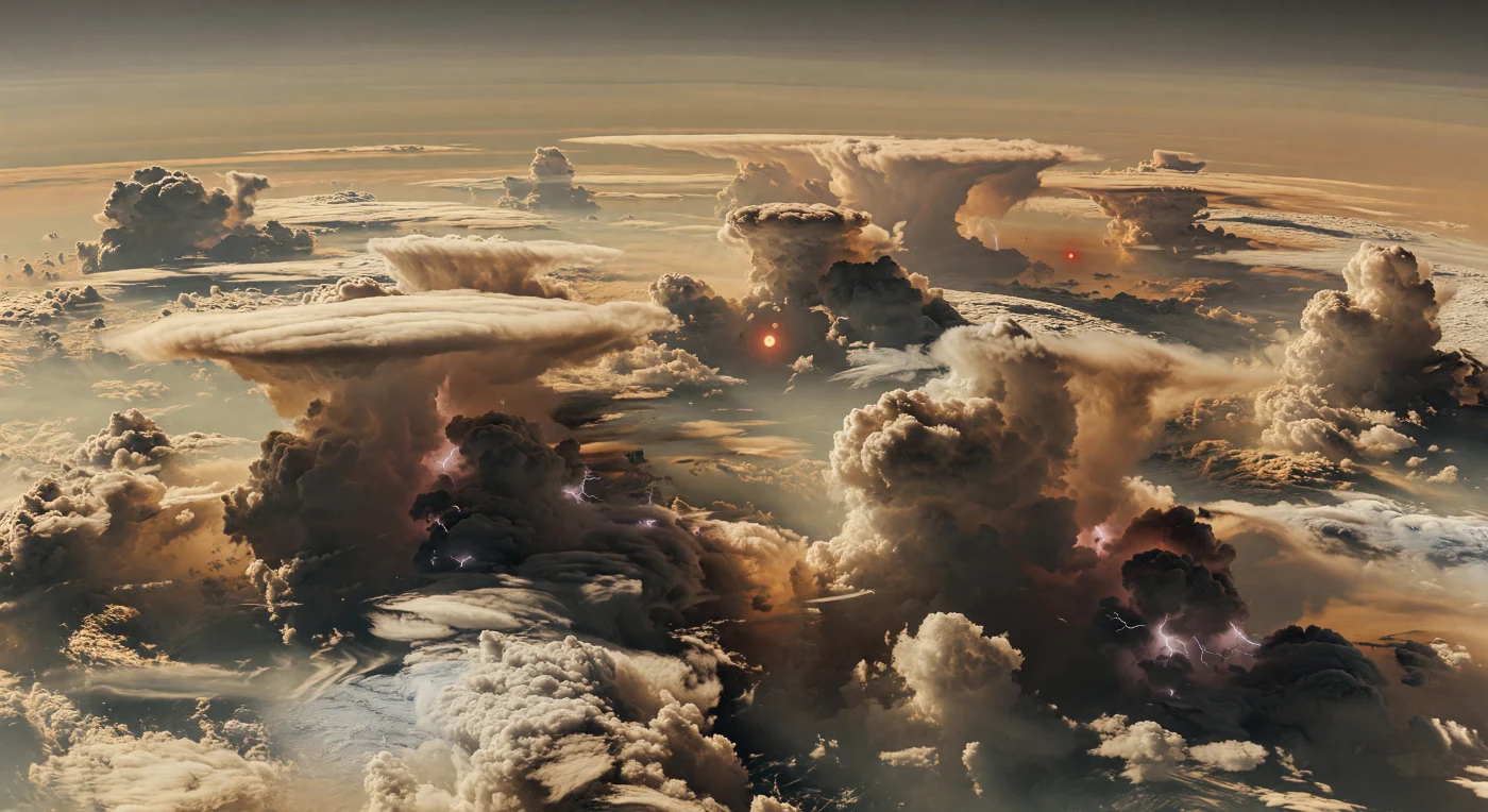 Ante ti se extiende un océano atmosférico sin suelo ni horizonte firme, una llanura de nubes de hidrógeno y helio de la que emergen torres convectivas colosales, elevándose decenas de kilómetros como yunques gigantes de tonos crema, beige pálido y gris parduzco. La estrella principal, anaranjada, baña de lado las cimas aplanadas y resalta la textura de vapor turbulento, mientras su compañera rojiza dibuja un tenue filo carmesí sobre los bordes de las nubes y crea sombras dobles, suaves y extrañamente desfasadas en la bruma densa. En los abismos entre las torres, donde apenas penetra la luz, relámpagos azulados y violáceos palpitan dentro de cañones nubosos, revelando por un instante capas más profundas con matices de escarcha de amoníaco y agua, un recordatorio de la química helada de esta atmósfera cercana a los 180 K. Todo parece inmenso y ajeno a la experiencia terrestre: las murallas de nube cercanas se alzan como cordilleras vivas, y las más lejanas se pierden en la curvatura y la neblina bajo un cielo de ámbar apagado iluminado por dos soles.