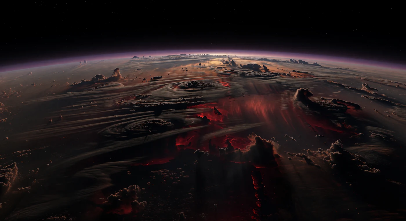 Suspendido en una rara ventana despejada de la alta atmósfera, el observador contempla un horizonte curvo e inmenso formado no por tierra ni mar, sino por un océano planetario de nubes color óxido, negro metálico y carbón, aplanadas en bandas paralelas y desgarradas en vórtices y olas por vientos supersónicos. Entre grietas y zonas más delgadas del manto nuboso asciende un resplandor térmico rojo oscuro, como brasas enterradas, señal de capas atmosféricas mucho más calientes que irradian desde abajo e iluminan tenuemente la neblina superior con reflejos cobrizos. En la lejanía, delicadas cortinas de precipitación metálica parecen hundirse hacia profundidades invisibles, coherentes con un mundo donde el hierro puede vaporizarse, condensarse en el lado nocturno y caer como lluvia líquida. Sobre todo ello, el cielo es casi negro, apenas bordeado por un halo violeta en el limbo y unas pocas estrellas débiles, una combinación que hace sentir la escala abrumadora y la extraña belleza de una atmósfera sin superficie, eterna tormenta y calor aprisionado.